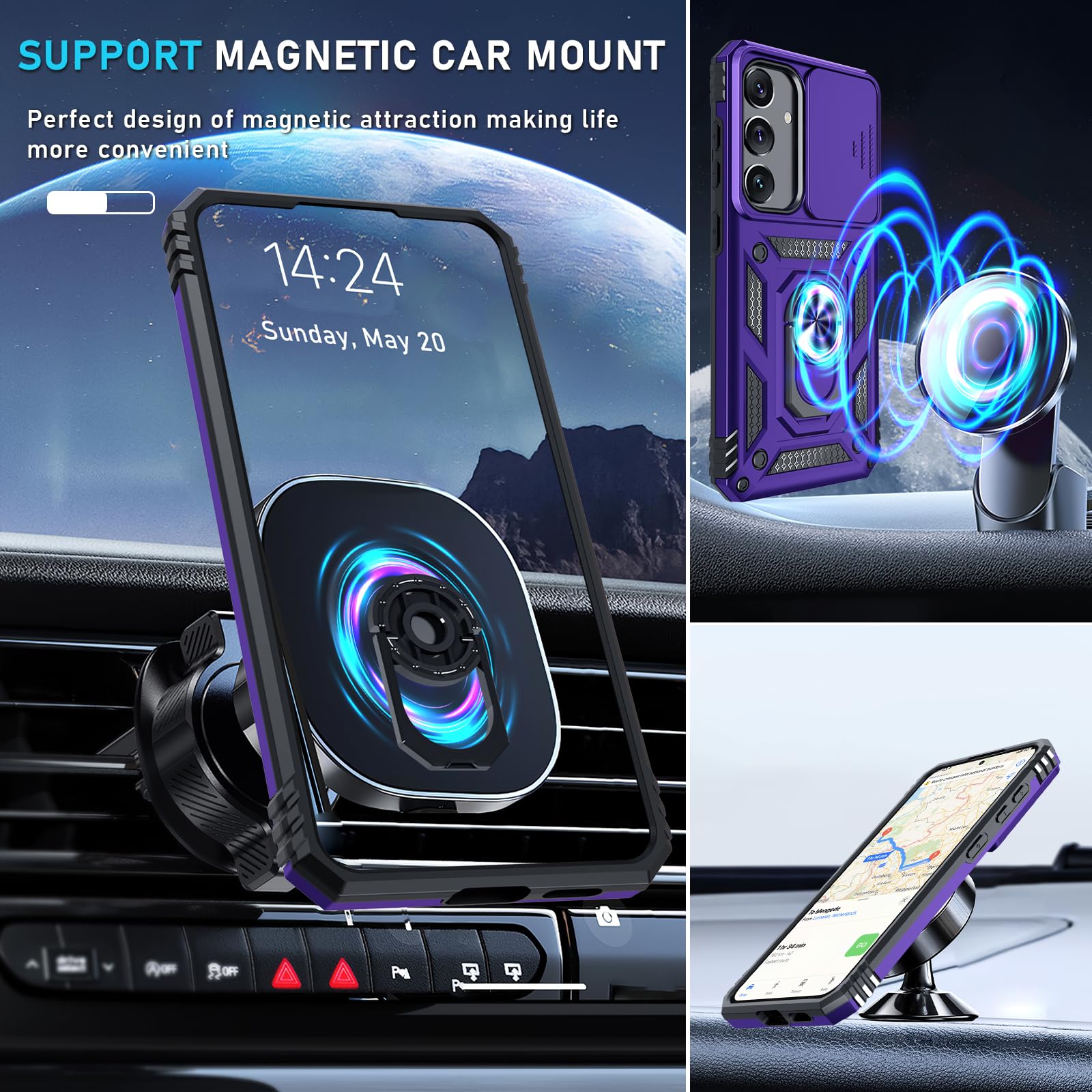 Janmitta Heavy Duty Shockproof Full Body Phone Case for Samsung Galaxy S25 Plus/S24 Plus - Built-in Slide Camera Lens Cover, Screen Protector & Finger Ring Holder Kickstand - Purple | Perfect for Outdoor Activities, Travel & Daily Protection