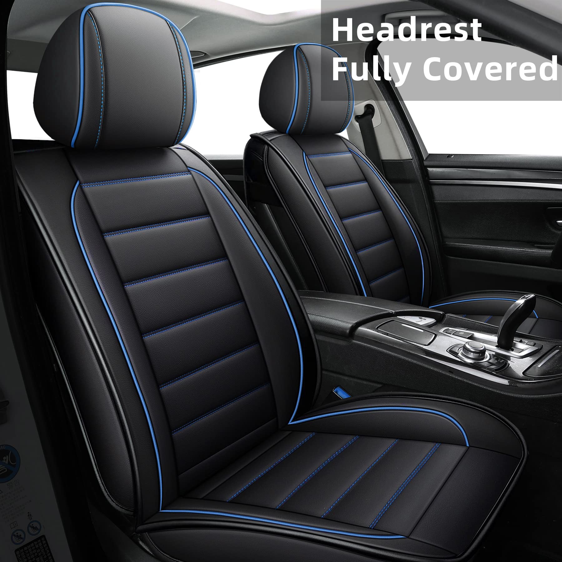 Premium Universal Leather Car Seat Covers - Waterproof Faux Leatherette Cushion Protectors for Cars, SUVs & Trucks (Black & Blue Full Set) | Auto Interior Accessories for Comfort & Style | Perfect for Daily Commutes, Road Trips & Family Travel