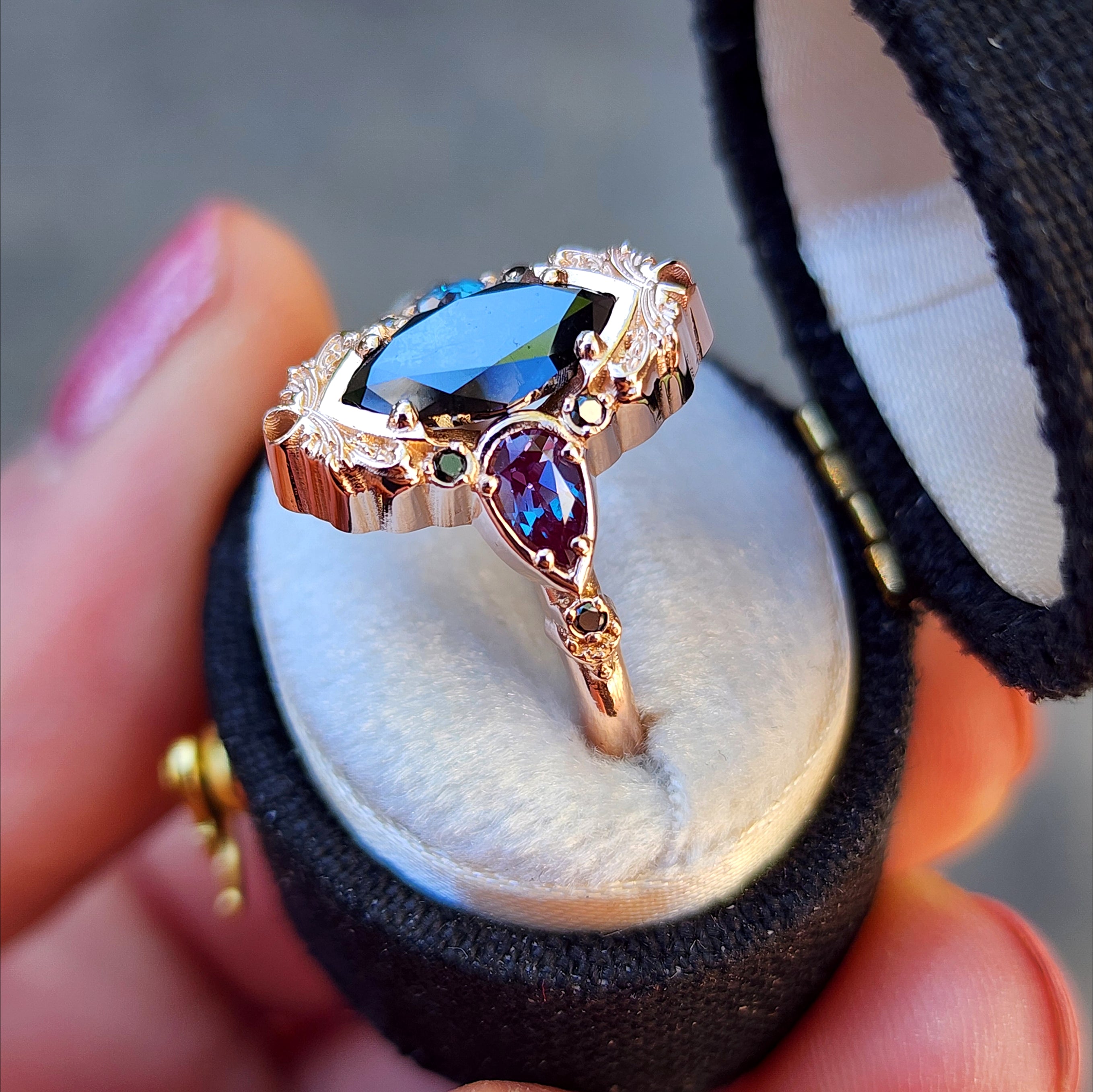 14k Rose Gold Gothic Fantasy Filigree Engagement Ring with Black Diamond & Chatham Alexandrite Pear Side Stones | Handmade Wedding Jewelry for Brides, Anniversary Gifts, Fantasy Themed Proposals
