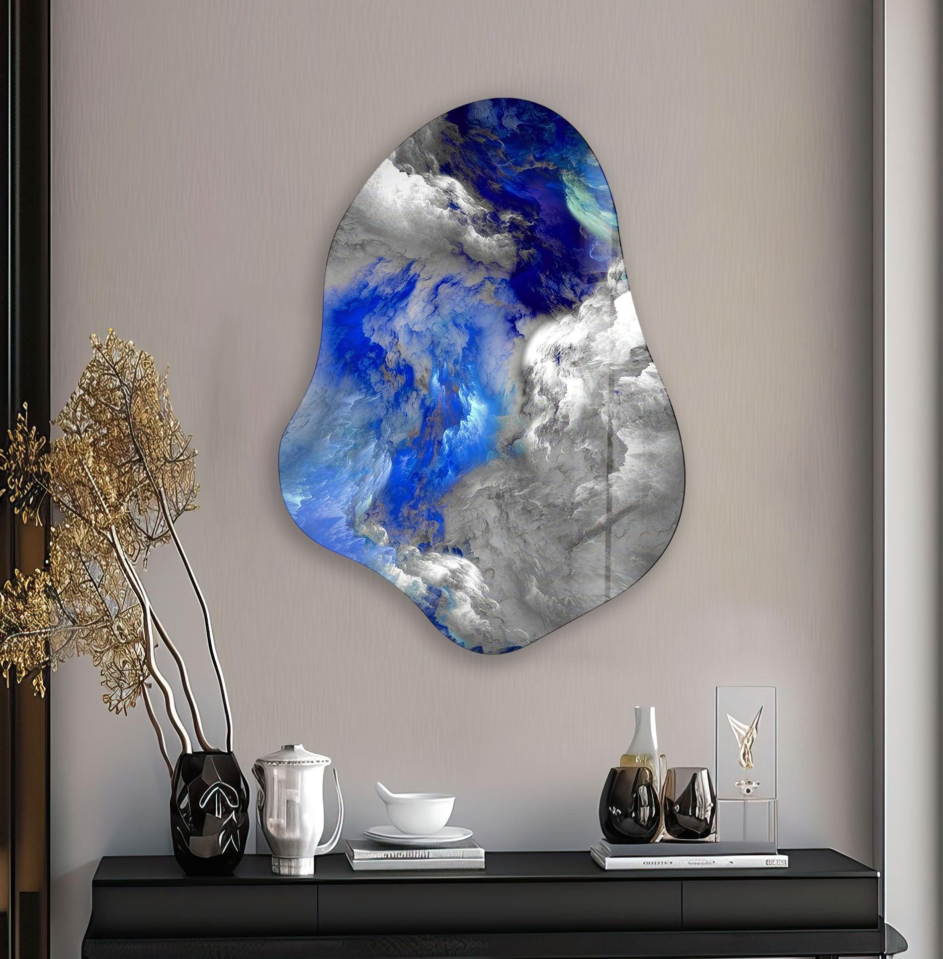 Blue & Grey Abstract Glass Wall Art - Modern Home Decor for Living Room, Bedroom & Office - Handmade Glass Painting for Unique Interior Design