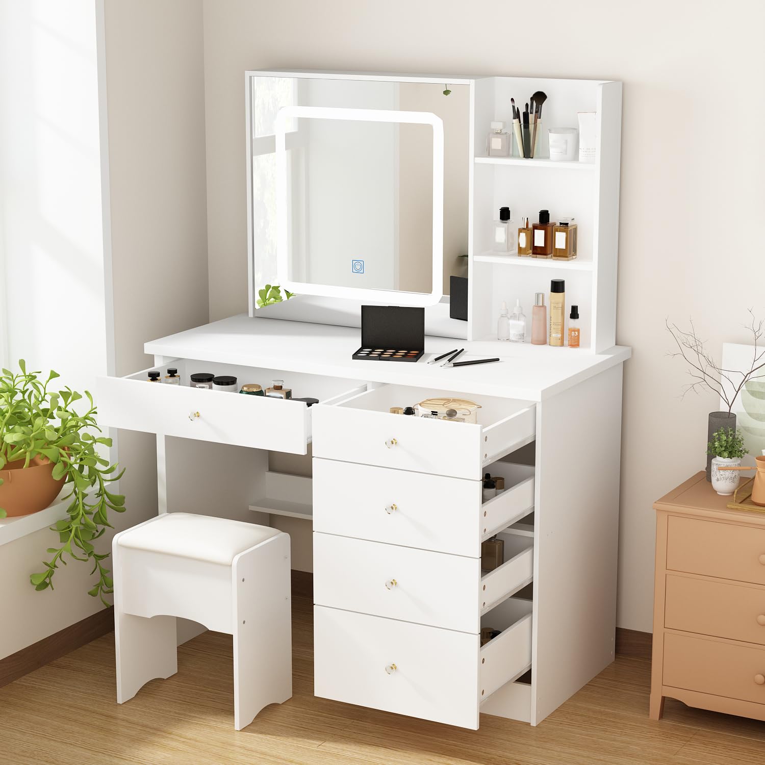 Hitow White Vanity Desk Set with LED Lighted Mirror, Makeup Dressing Table with Drawer & Storage Shelf, Includes Cushioned Stool - Perfect for Bedroom, Beauty Salon & Home Decor (Vanity Set for Women)
