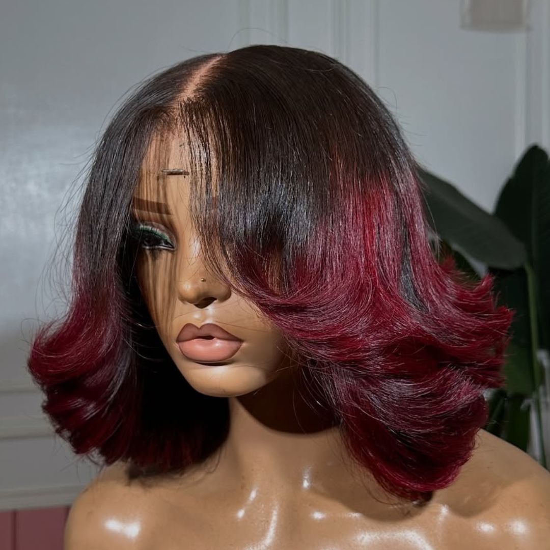 Eullair Designer Layered Curtain Bangs Wigs - Ombre 1B Red 13x4 Short Wavy Glueless Bob Wig for Women | Perfect for Cosplay, Daily Wear & Fashion Styling