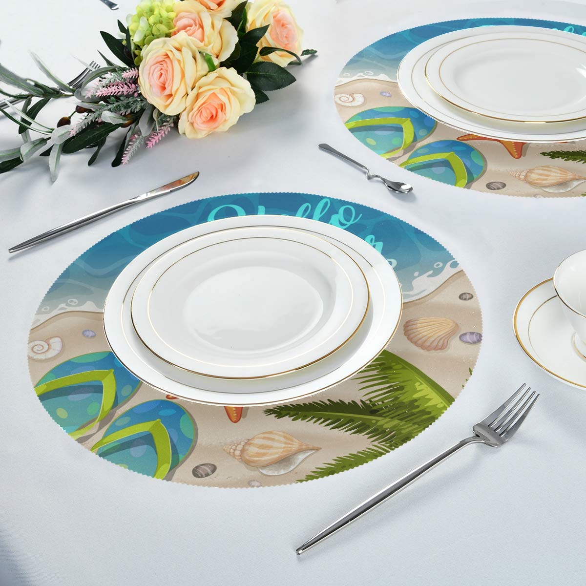 Wamika Round Placemat Set of 6 - 15.4 Inch Beach Themed Table Mats with Starfish & Palm Tree Design for Dining, Kitchen, Indoor Decor | Perfect for Summer Entertaining, Coastal Home Decor, and Beach House Dining