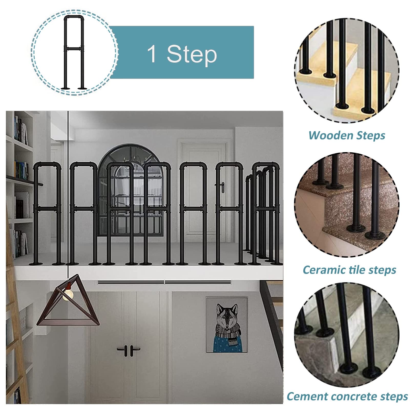 Outdoor Wrought Iron Stair Railing Handrail - Matte Black 3.3 FT for Deck Steps, Porch & Garden Stairs | Durable Metal Handrail for 1 Step | Weather-Resistant Exterior Stair Railing for Home Safety