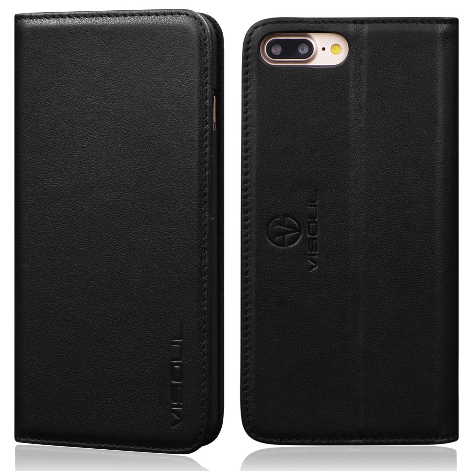 Premium Genuine Leather Magnetic Wallet Case for iPhone 8 Plus/7 Plus (5.5-inch) - Slim Protective Folio Cover with Card Holder & Stand - Perfect for Work, Travel & Everyday Use (Black)