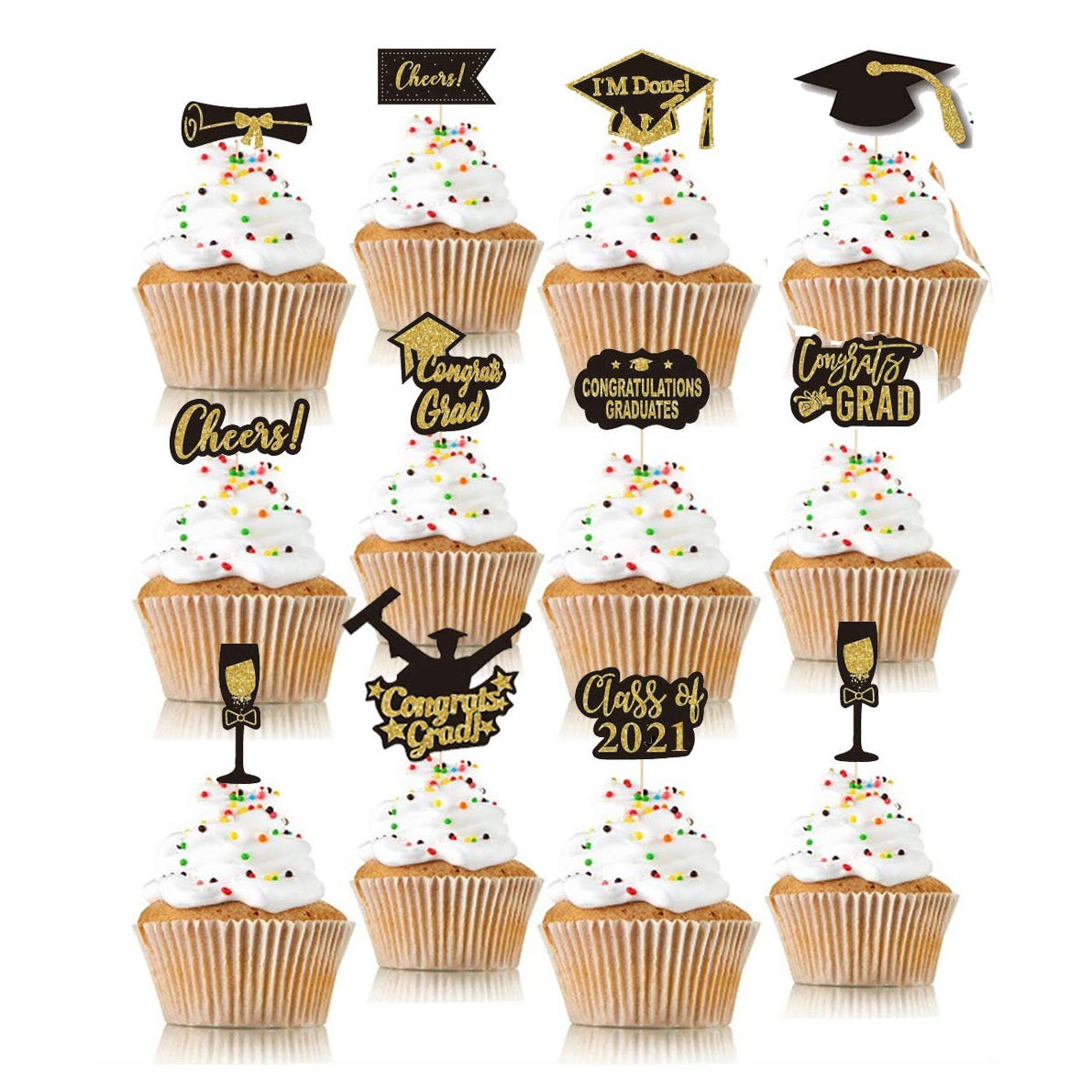 36 Pcs Graduation Cupcake Toppers 2024 - Black & Gold Mini Cake Decorations for Graduation Parties - 12 Stylish Designs for Graduation Cakes, Cupcakes & Desserts - Perfect for High School & College Graduation Celebrations