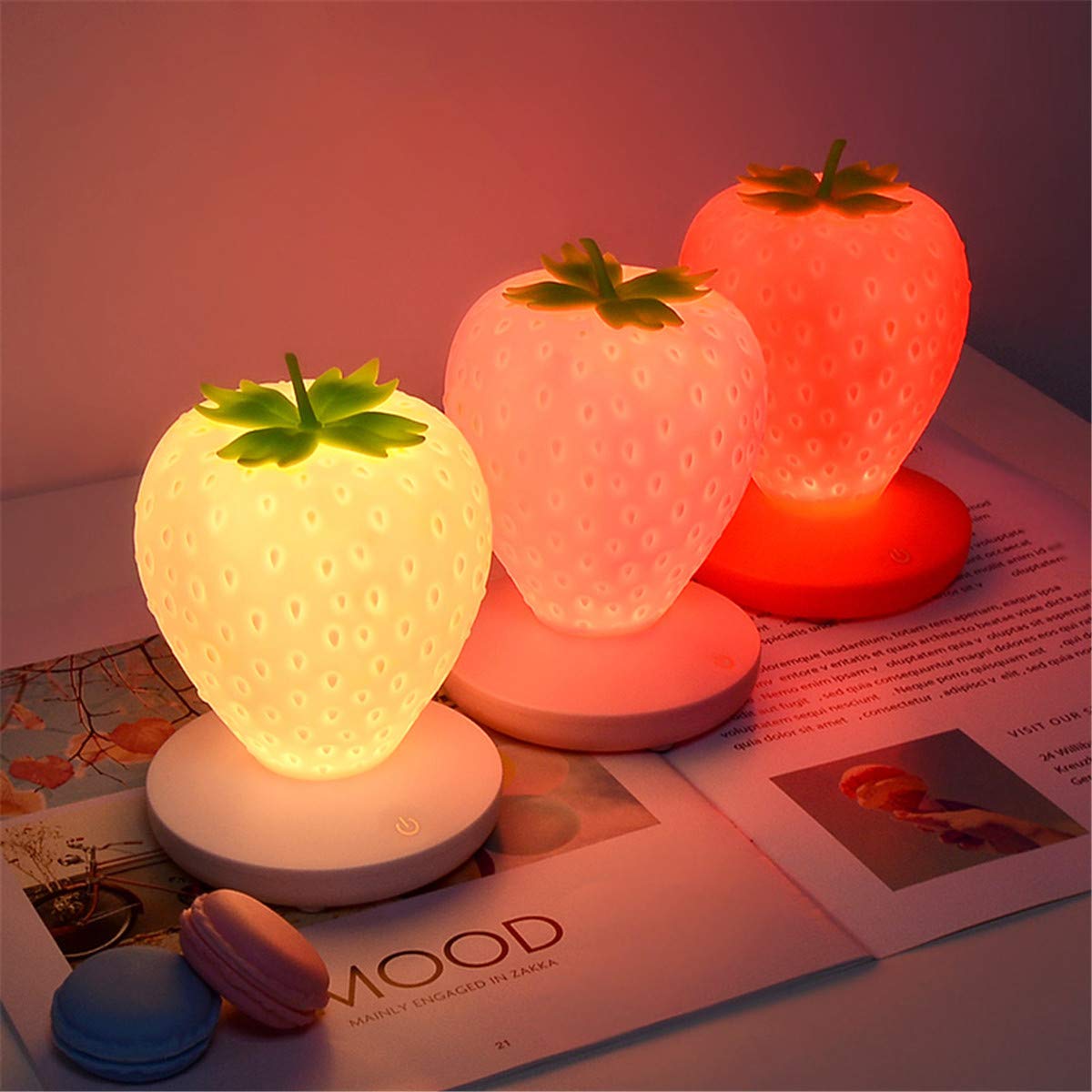 Strawberry Night Light - Soft Silicone Touch Sensor Table Lamp for Kids Room, Bedside, Nursery, Bookshelf & Desk - Pink Cartoon LED Lamp for Bedtime, Reading & Decor