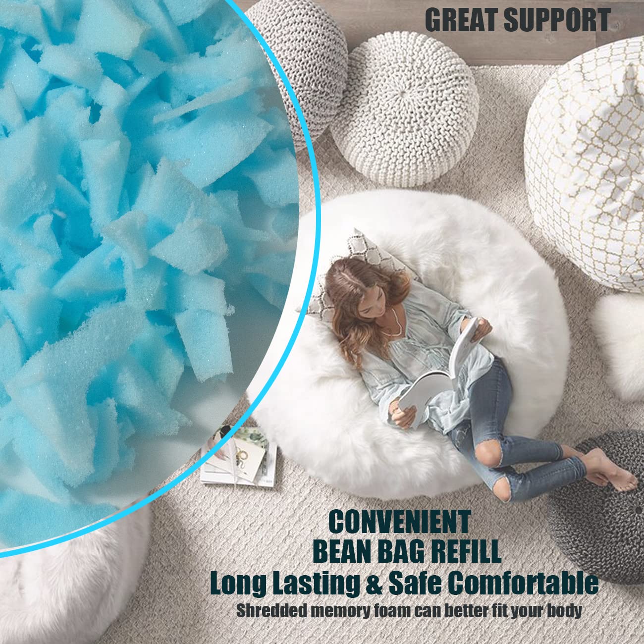 Premium Shredded Memory Foam Bean Bag Filler - 30lb Pack of 6 (Blue) | Perfect Refill for Bean Bag Chairs, Poufs, Stuffed Animals, Ottoman, Couch Cushions & Dog Beds | Ultra-Soft Support for Home, Office & Kids Play Areas