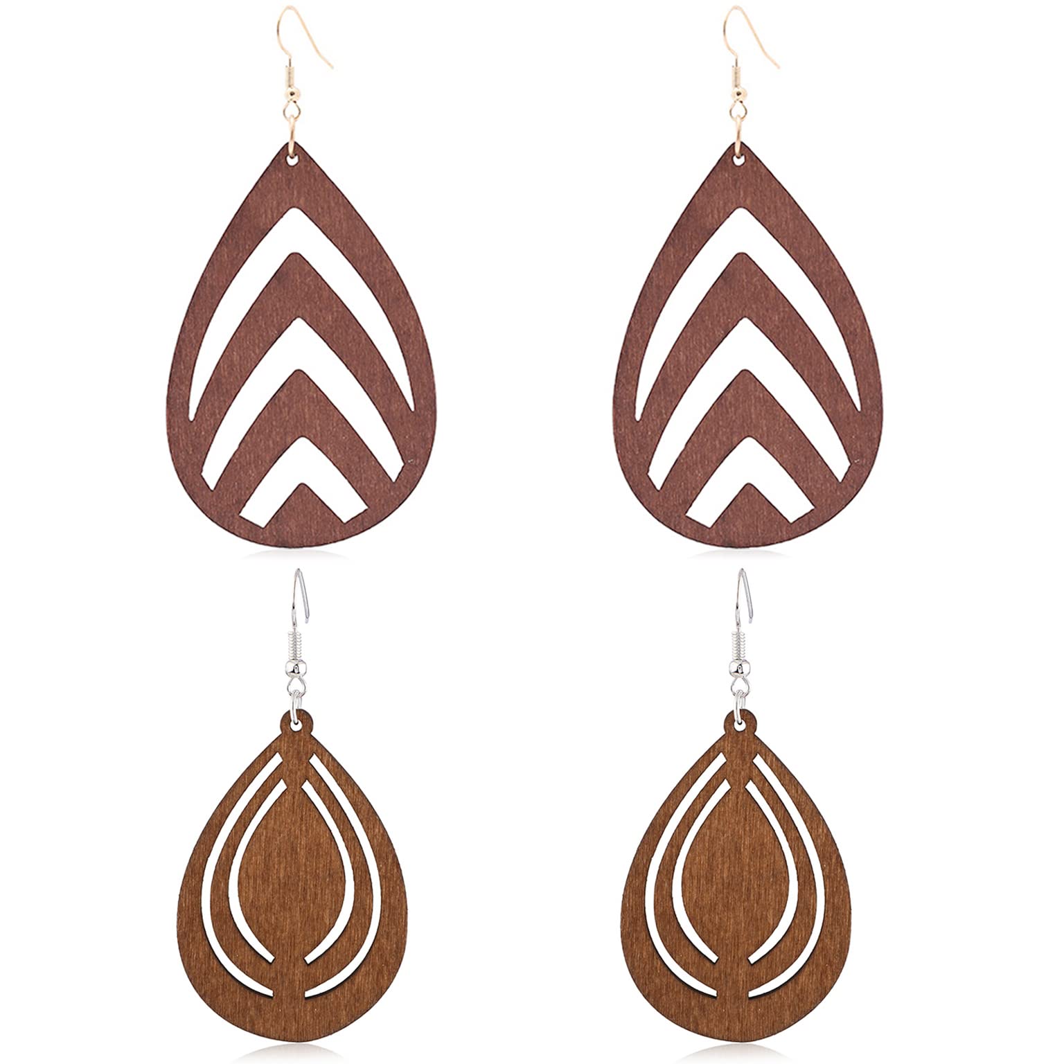 Wovanoo 2 Pairs Natural Wood Teardrop Dangle Earrings for Women & Girls - Handmade Wooden Jewelry Gift for Casual Wear, Boho Outfits & Special Occasions
