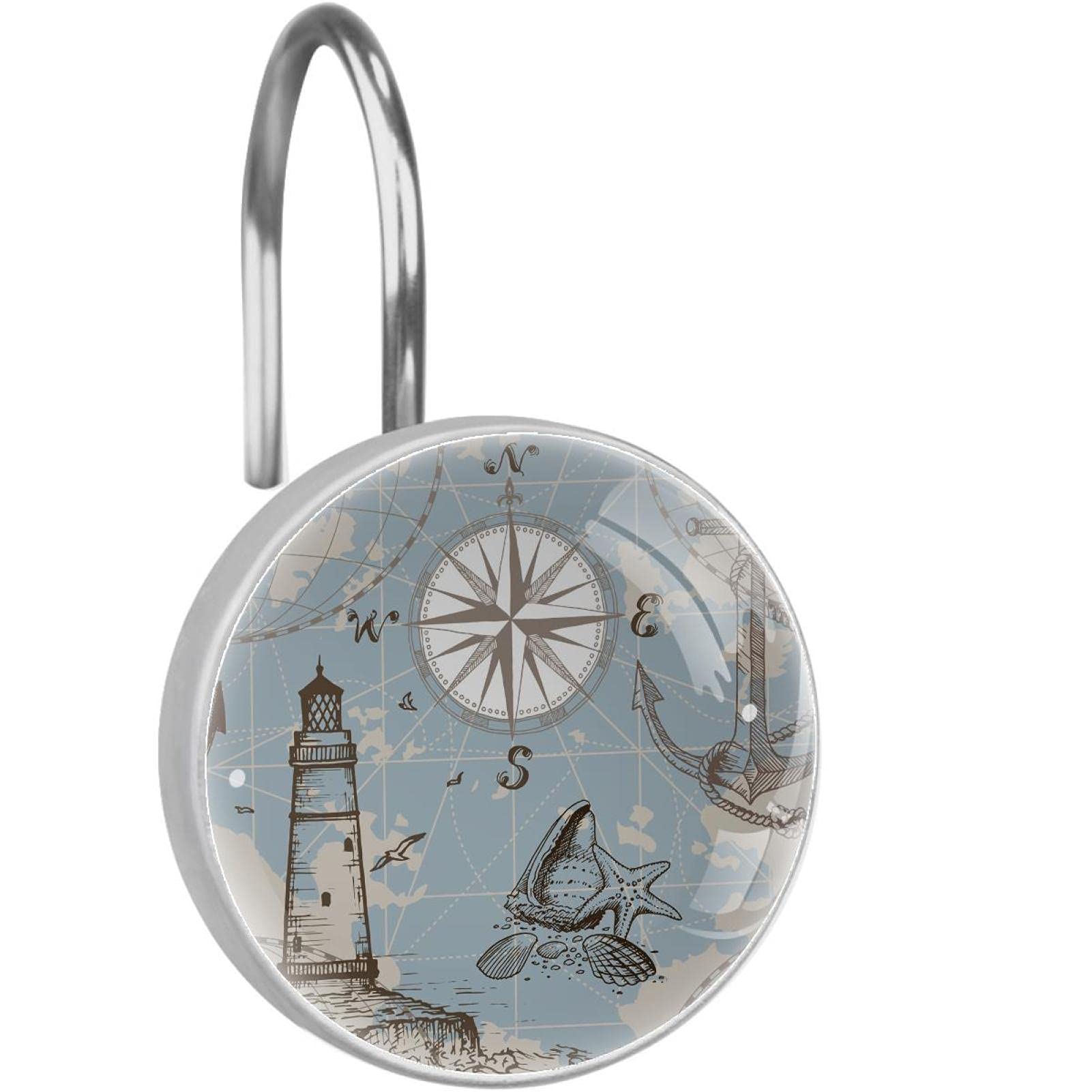 12-Pack Rust-Proof Decorative Shower Curtain Hooks - Map Compass Lighthouse Design for Kids Room & Bathroom Decor, Fits Any Rod & Curtain, Multicolored (3.7x3.7cm) - Perfect for Nautical Theme Bathrooms & Coastal Home Decor