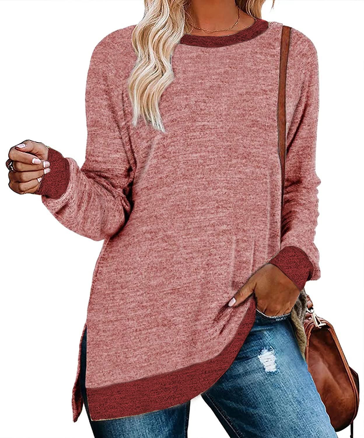 WELINCO Women's Color Block Crewneck Pullover Long Sleeve Tunic Top with Side Split - Casual Loungewear, Work Office Outfit & Fall Layering Essential