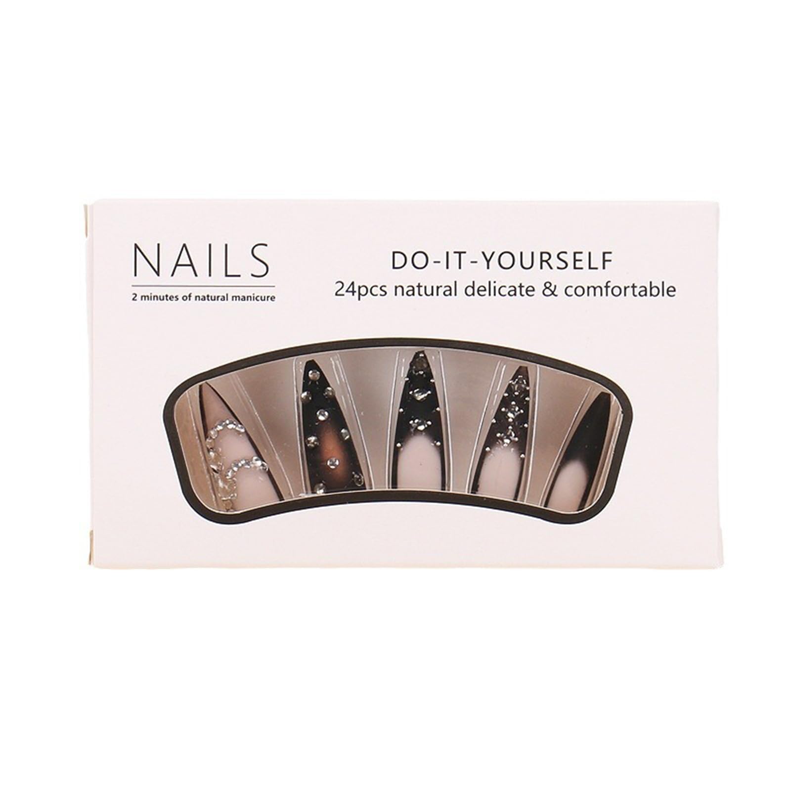 Luxury Brown Press On Nails - 24Pcs Long Stiletto Fake Nails with French Tips, Rhinestones & Goth Black Ombre Designs | Glossy Acrylic Glue On Nails for Women | Perfect for Parties, Weddings & Special Occasions