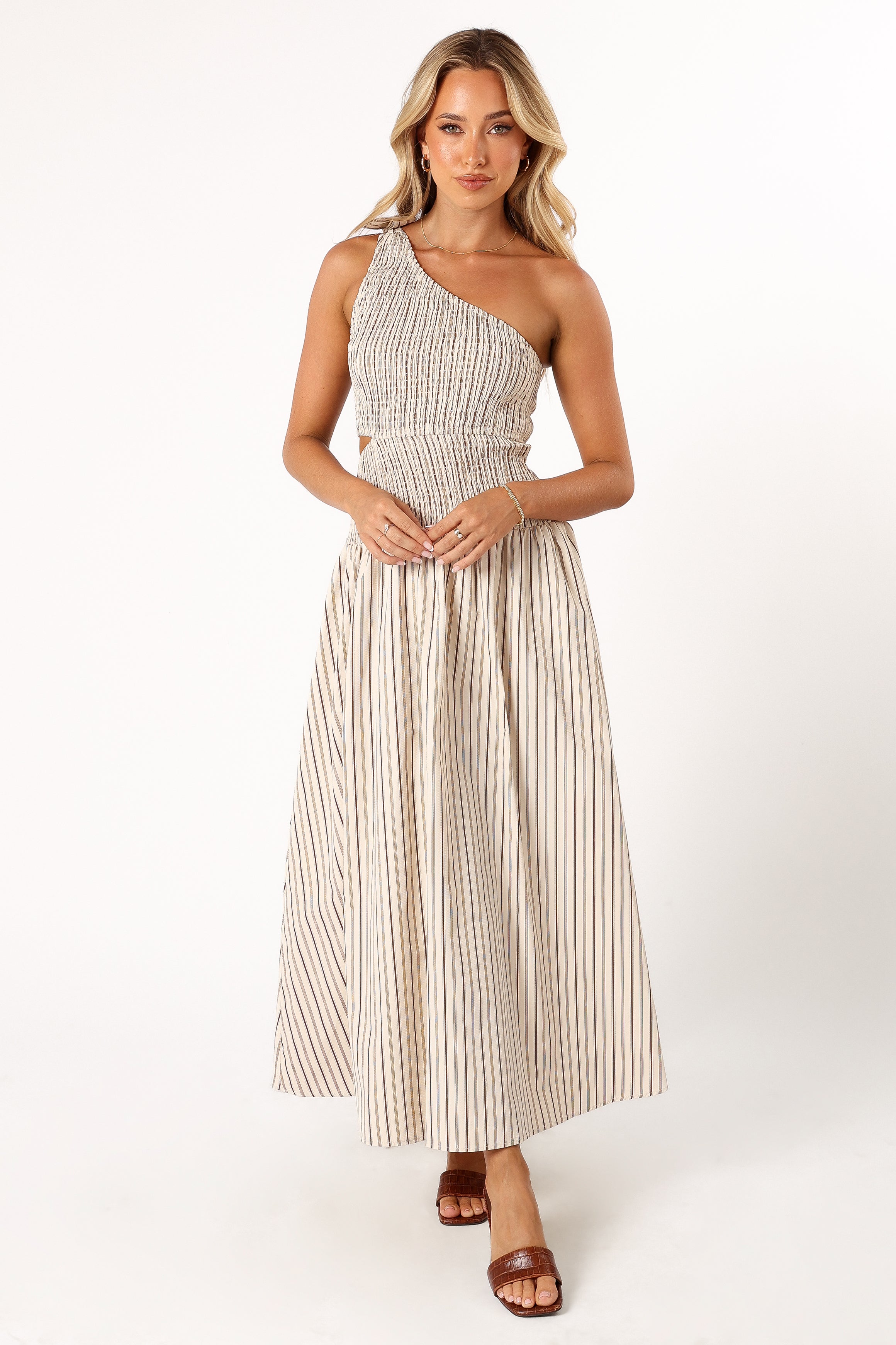Jordana One Shoulder Midi Dress - Brown Striped Summer Dress for Women | Beach Wedding, Cocktail Party & Vacation Outfit