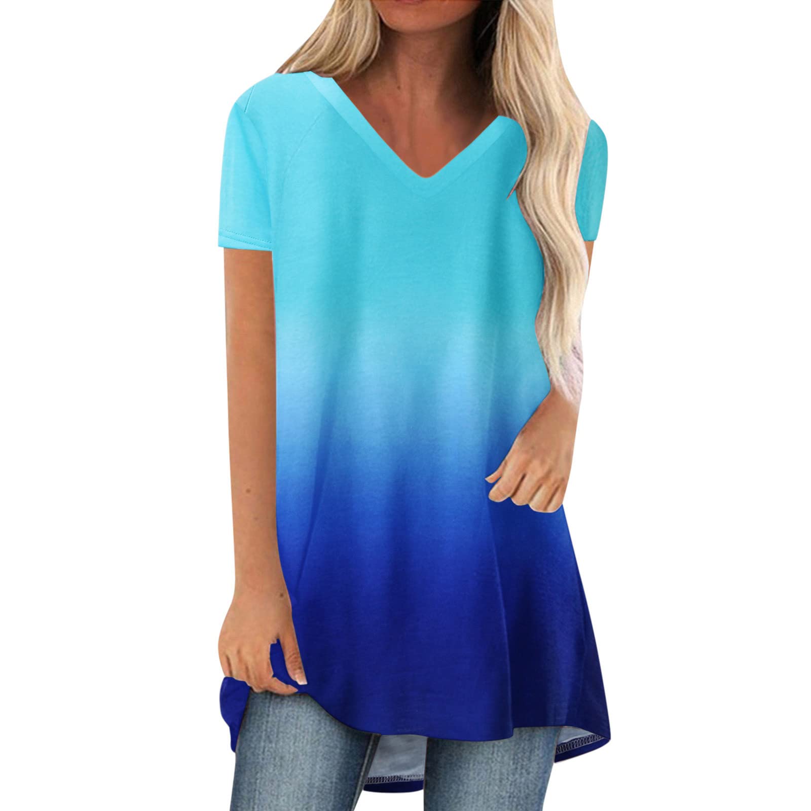 Women's Casual Short Sleeve V-Neck T-Shirt - Gradient Printed Loose Blouse & Tunic Top - Plus Size Off Shoulder Summer Tee for Everyday Wear, Outings & Beach Vacations