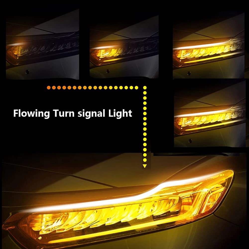 30cm/45cm/60cm LED Headlight Strip Tube Light - Flexible Dual Color White & Amber Daytime Running Lights - Waterproof DRL Neon Lights with Turn Signal & Sequential Switchback (Ice Blue/Yellow) - Perfect for Car Customization, Motorcycle Accents & Truck Lighting Upgrades