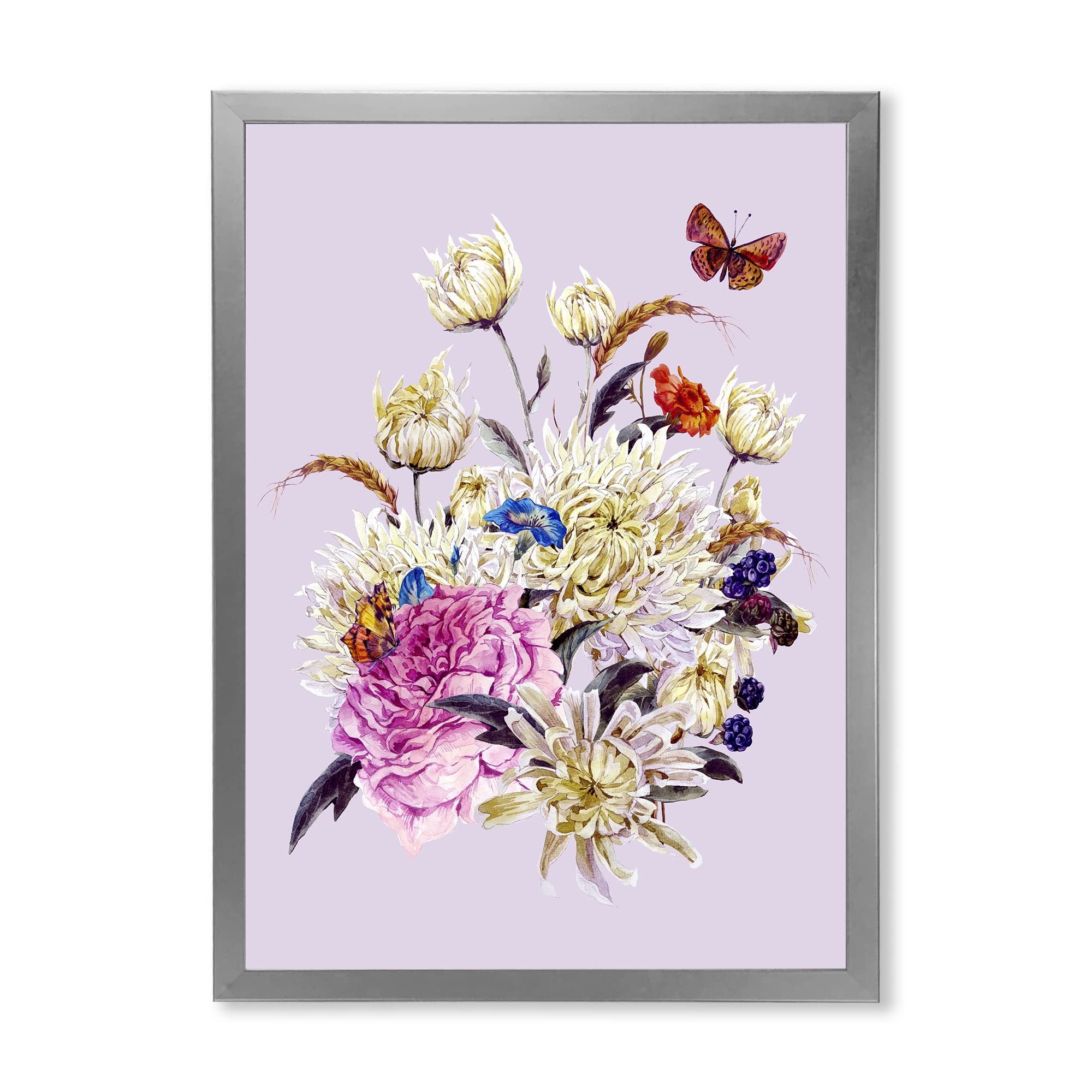 Vintage Bouquet With Chrysanthemums Framed Wall Art - Traditional Floral Home Decor for Living Room, Bedroom & Office