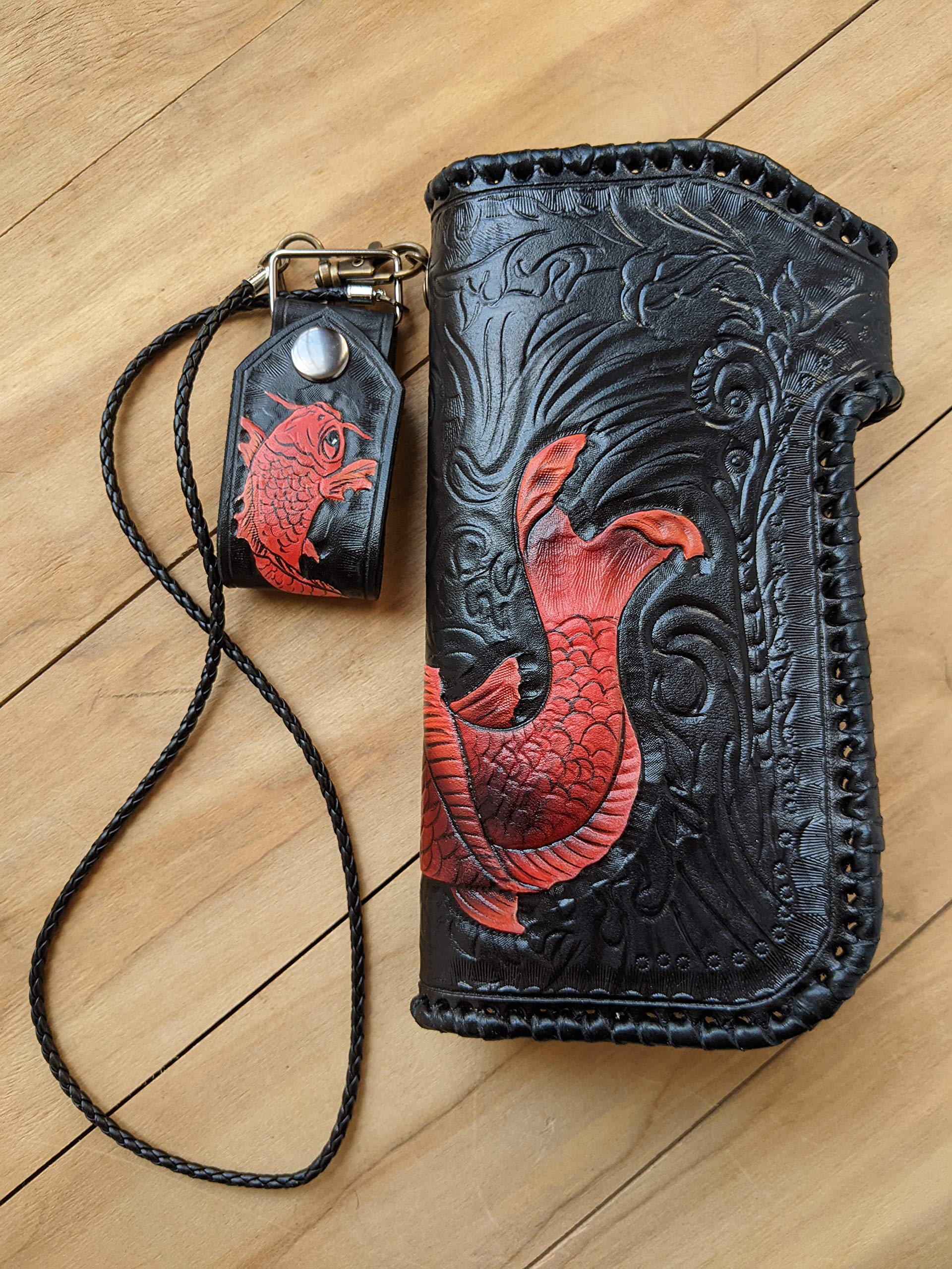 Handmade 3D Genuine Leather Men's Wallet - Custom Engraved Biker Wallet with Lucky Koi Design | Personalized Long Leather Wallet for Men | Perfect Gift for Father's Day, Birthday & Travel