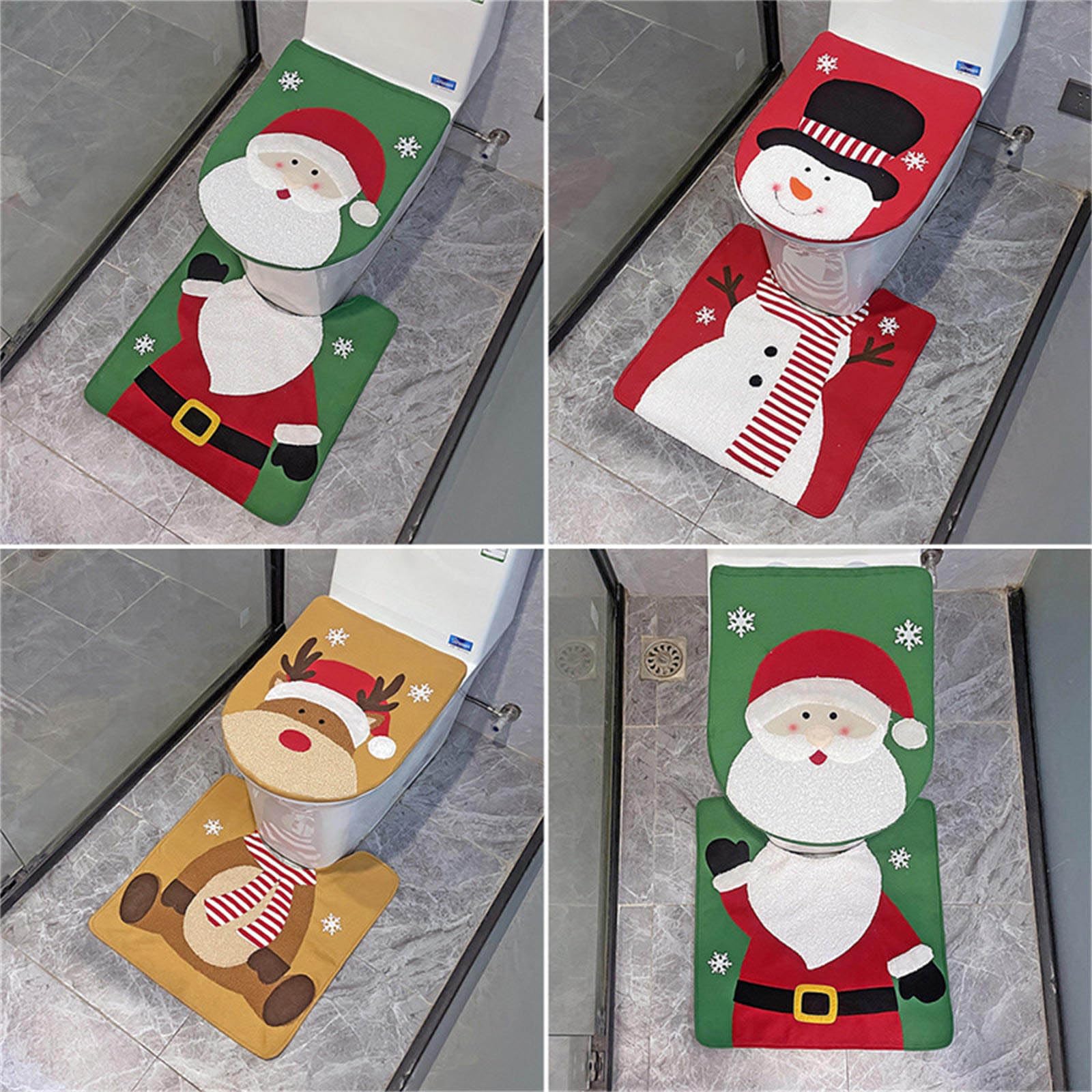 Christmas Toilet Seat Cover and Bath Mat Set - Santa Snowman Elk Pattern Non-Slip Bathroom Rug for Holiday Home Decor (Perfect for Christmas Bathroom Decorations & Festive Home Accessories)