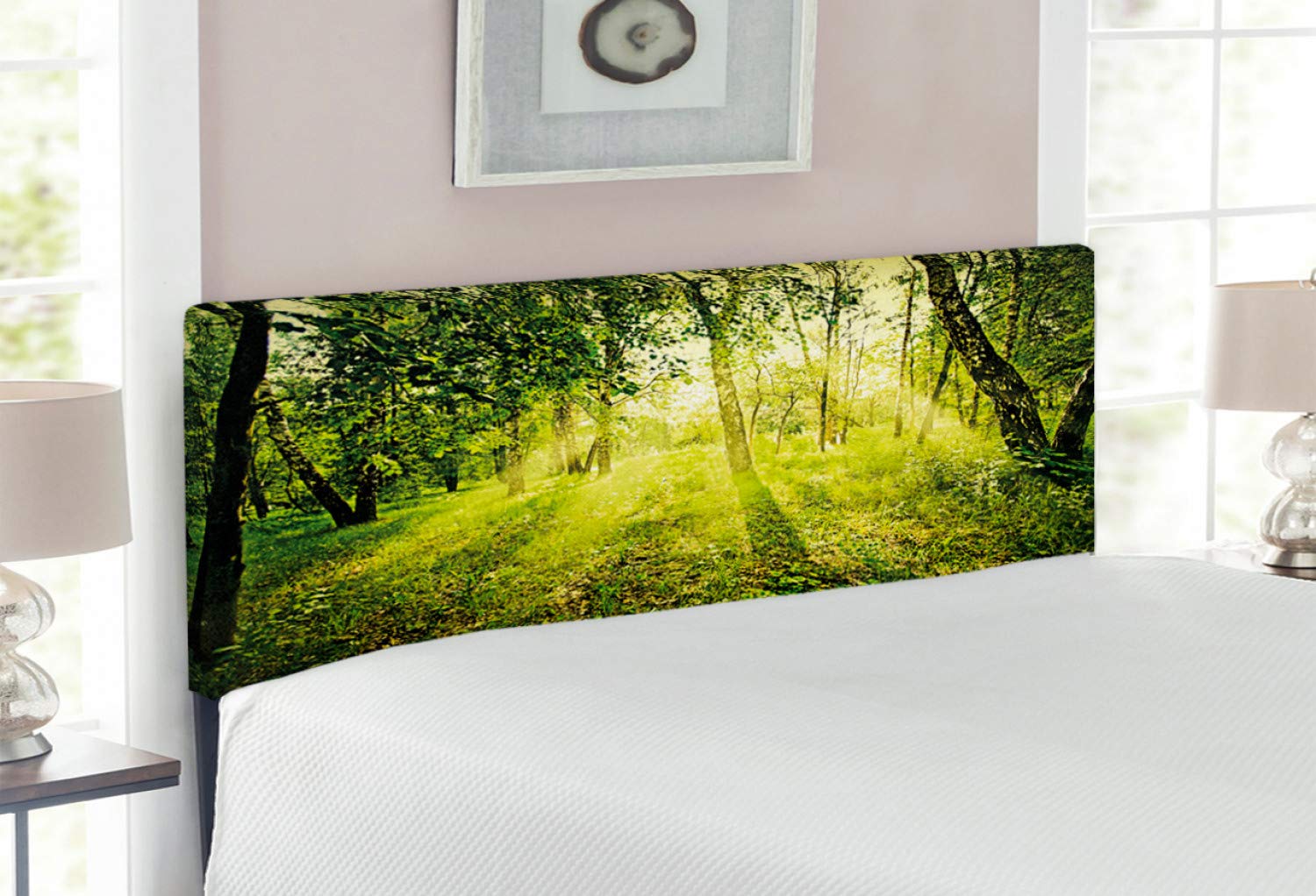 Ambesonne Green Upholstered Metal Headboard with Memory Foam - Nature Inspired Wilderness Sunset Design for Full Size Beds | Perfect for Bedroom Decor and Cozy Morning Relaxation