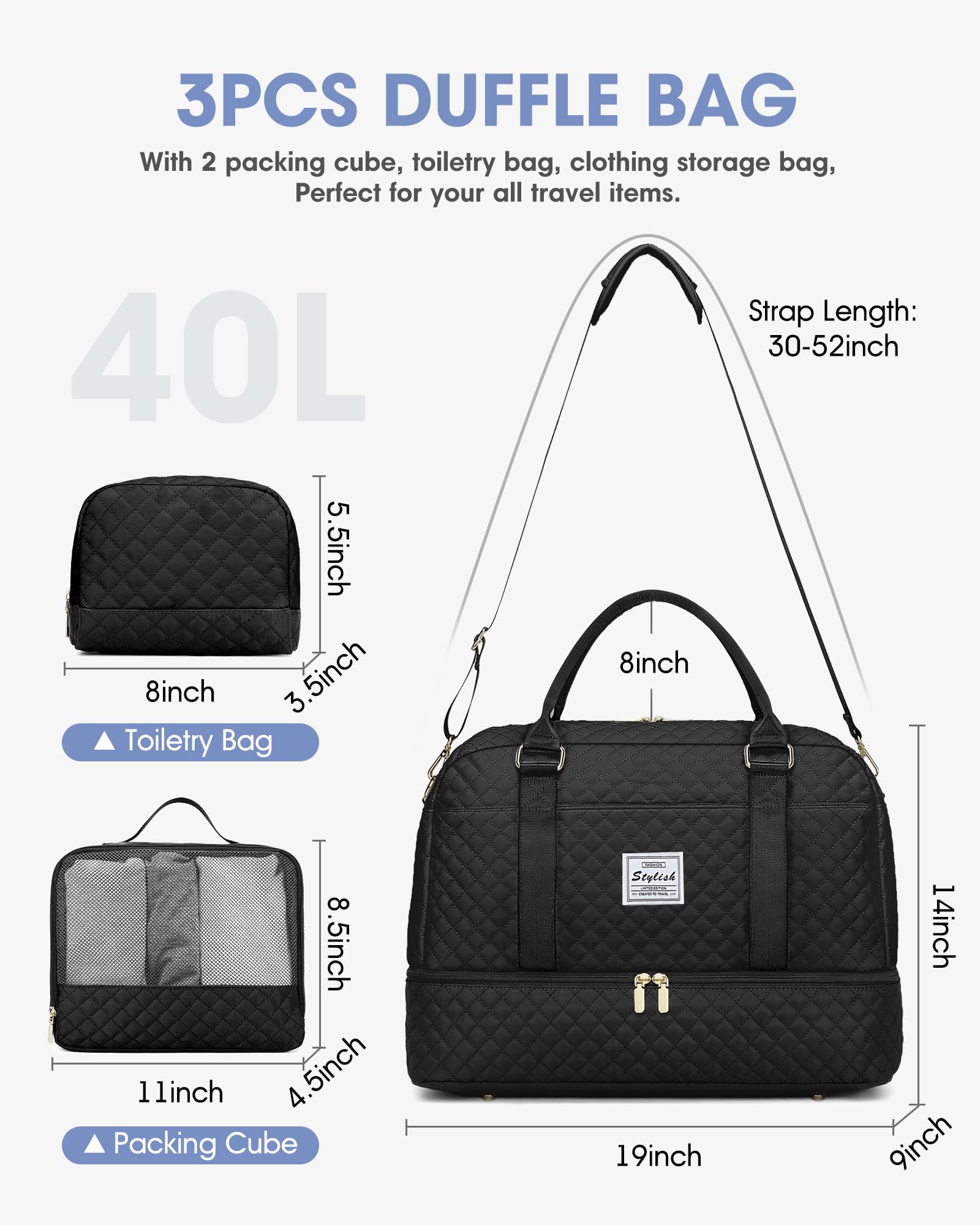 Women's Travel Weekender Bag with Shoe Compartment & Wet Pocket - Gym Yoga Duffel Carry On Overnight Bag for Hospital Labor Delivery - Perfect for Travel, Workout, Maternity & Weekend Getaways (Black)