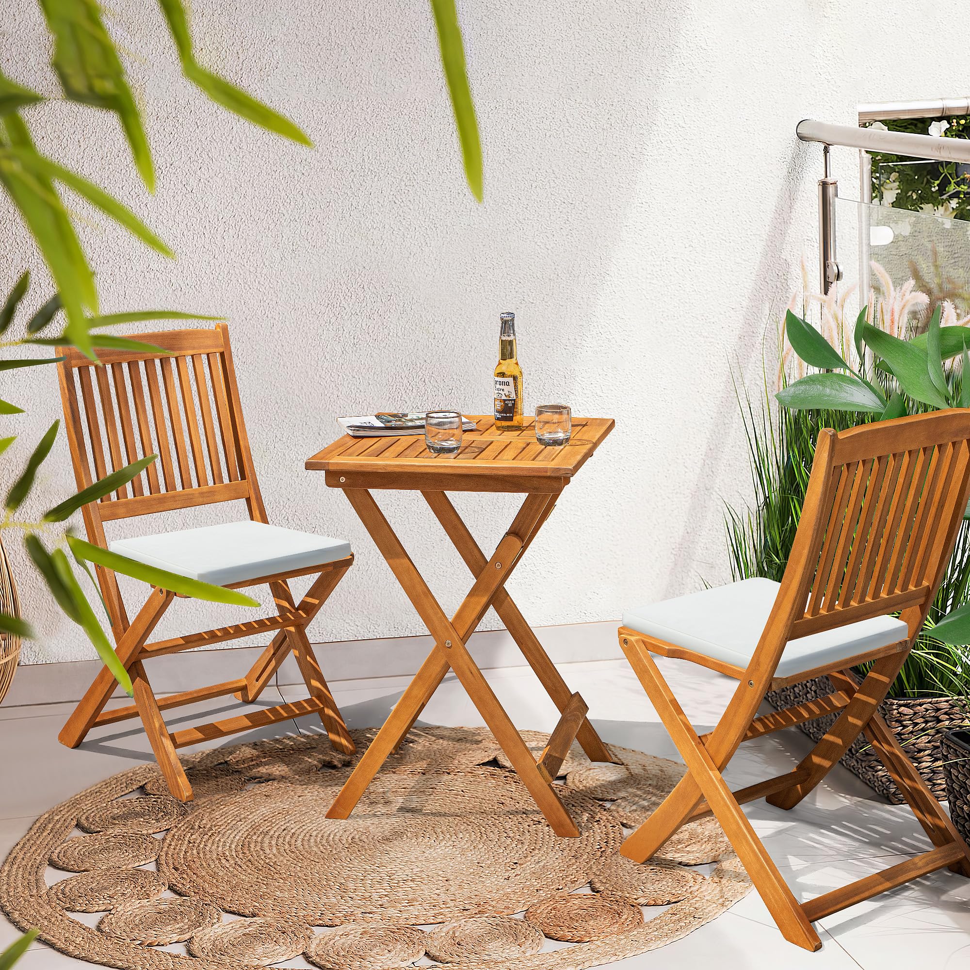 Flamaker 3-Piece Acacia Wood Folding Bistro Set - Outdoor Square Table and Chairs for Patio, Balcony, Porch, Lawn & Backyard - Natural Wood Garden Furniture for Dining, Relaxing & Entertaining Guests