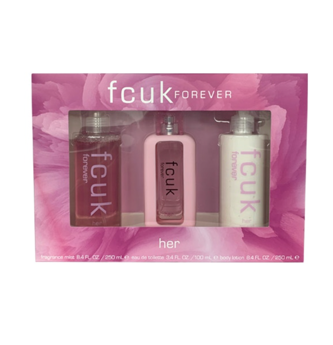 FCUK Forever Her Women's Perfume Gift Set - 100ML Eau de Toilette Spray + 250ML Body Lotion + 250ML Fragrance Mist (No Box) - Perfect for Birthday, Anniversary & Valentine's Day Gifts