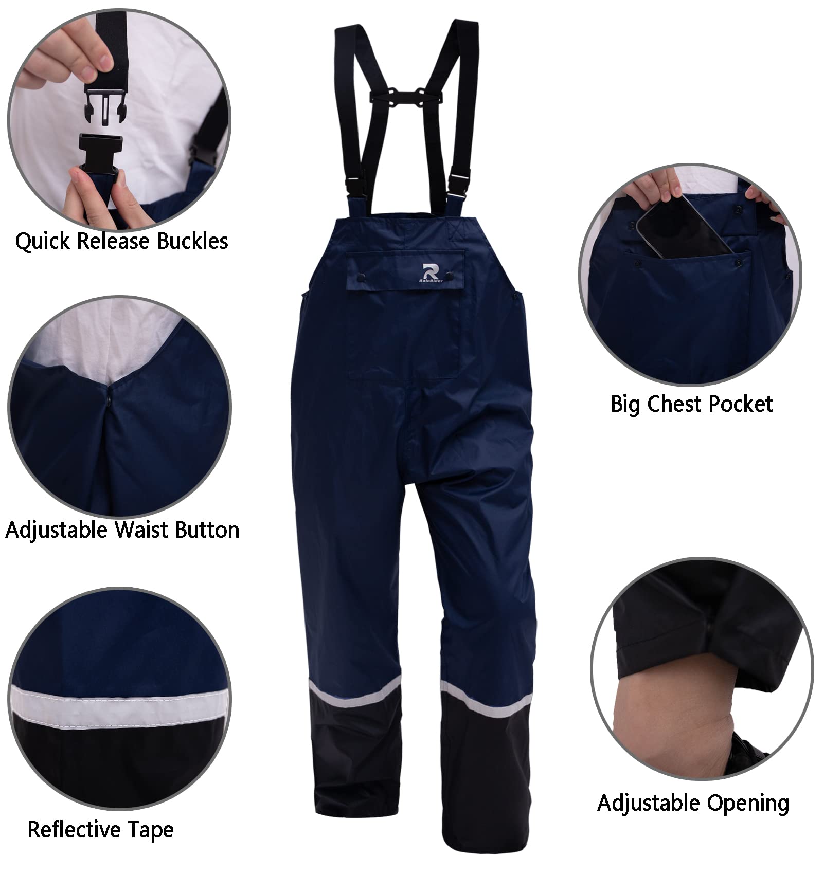RainRider Waterproof Rain Bib Pants for Men & Women - 150D Oxford Rip-Stop Heavy Duty Work Overalls - Perfect for Construction, Fishing, Hiking & Outdoor Activities