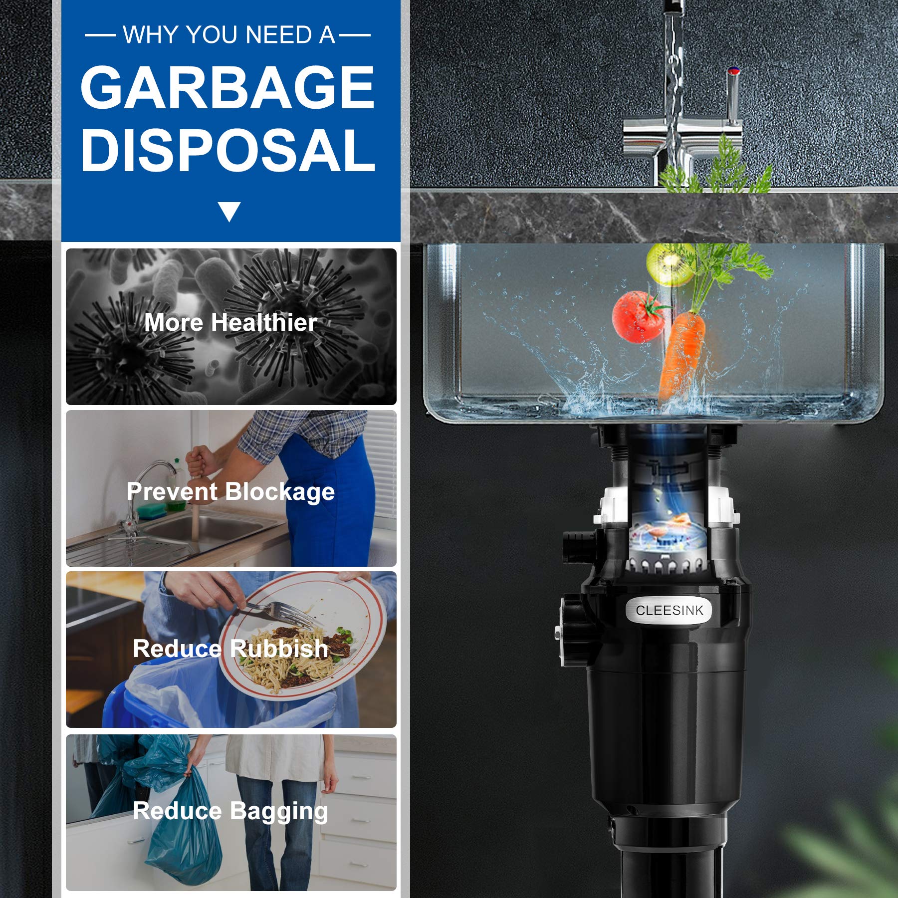 CLEESINK 1/2 HP 390W Continuous Feed Garbage Disposal with Permanent Magnetic DC Motor - 1L High Efficiency Food Waste Disposer with Power Cord (JD390-B2) - Perfect for Kitchen Sink Waste Management & Eco-Friendly Home Use