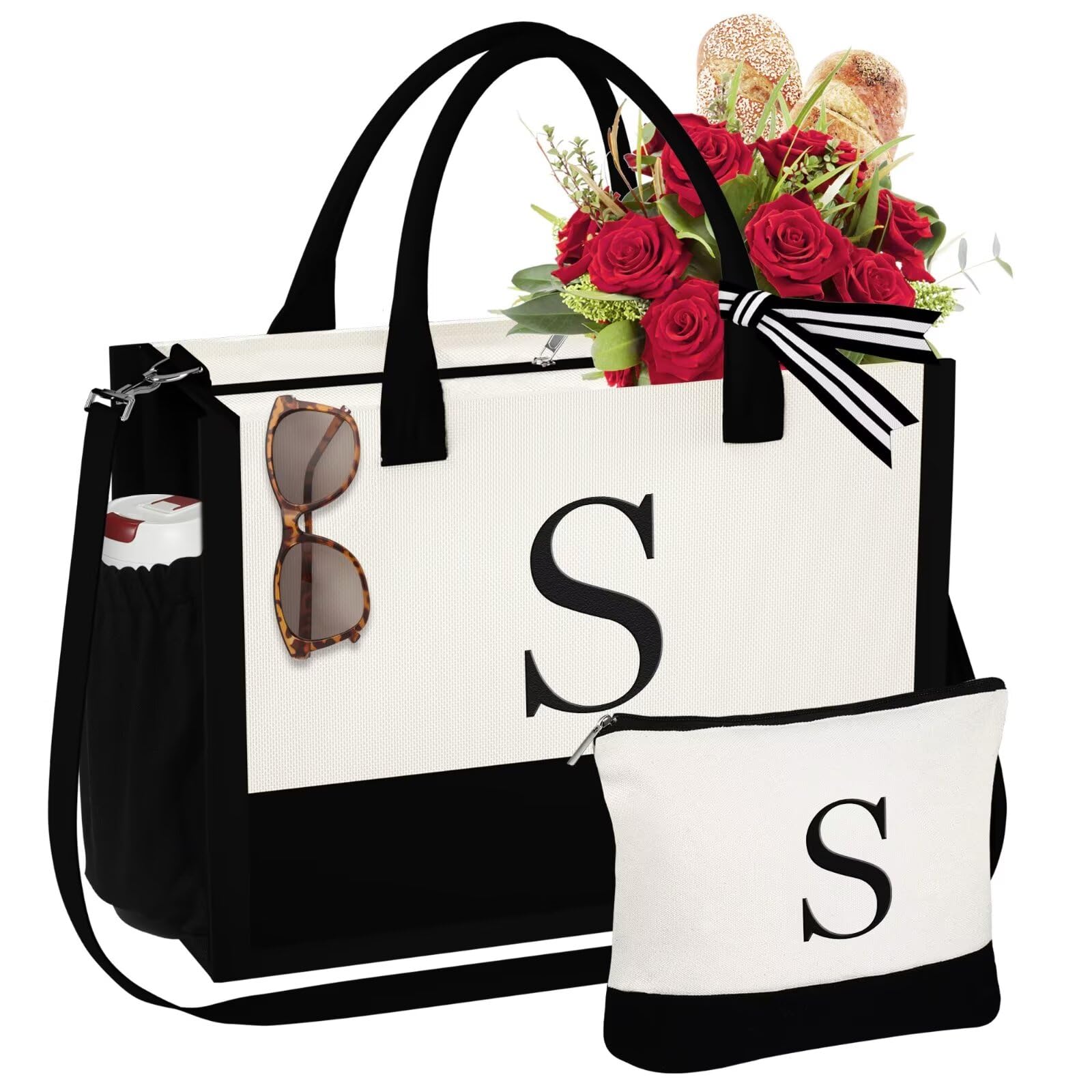 YOOLIFE Personalized Initial Canvas Tote Bag & Makeup Bag Set - Monogrammed Gifts for Women, Wife, Mom, Friend, Teacher - Perfect for Birthday, Mother's Day & Everyday Use - Great for Work, Shopping & Travel Accessories