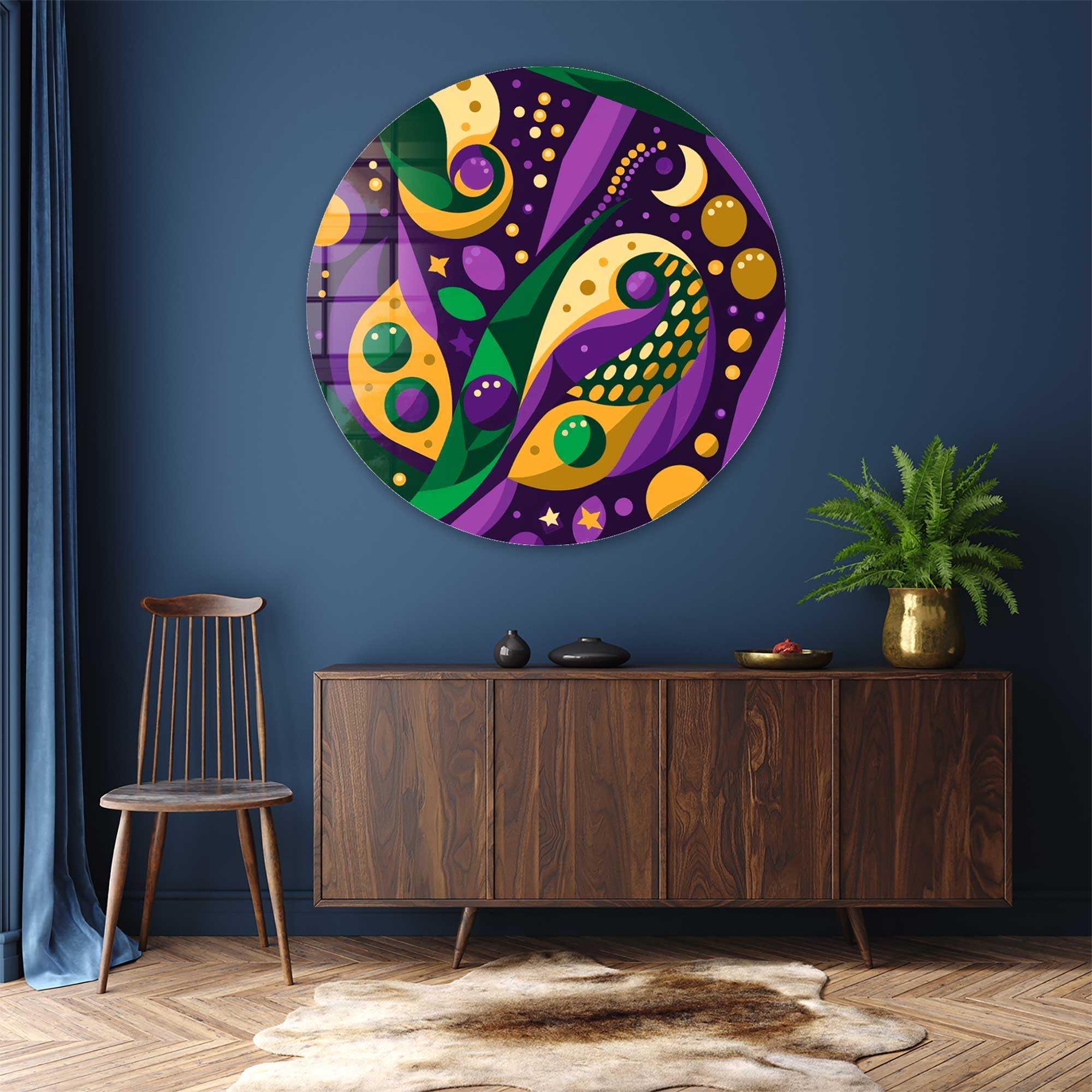 Geometric Purple Rounded Glass Wall Art - Modern Home Decor for Living Room, Bedroom & Office - Handmade Glass Artwork for Stylish Interior Design