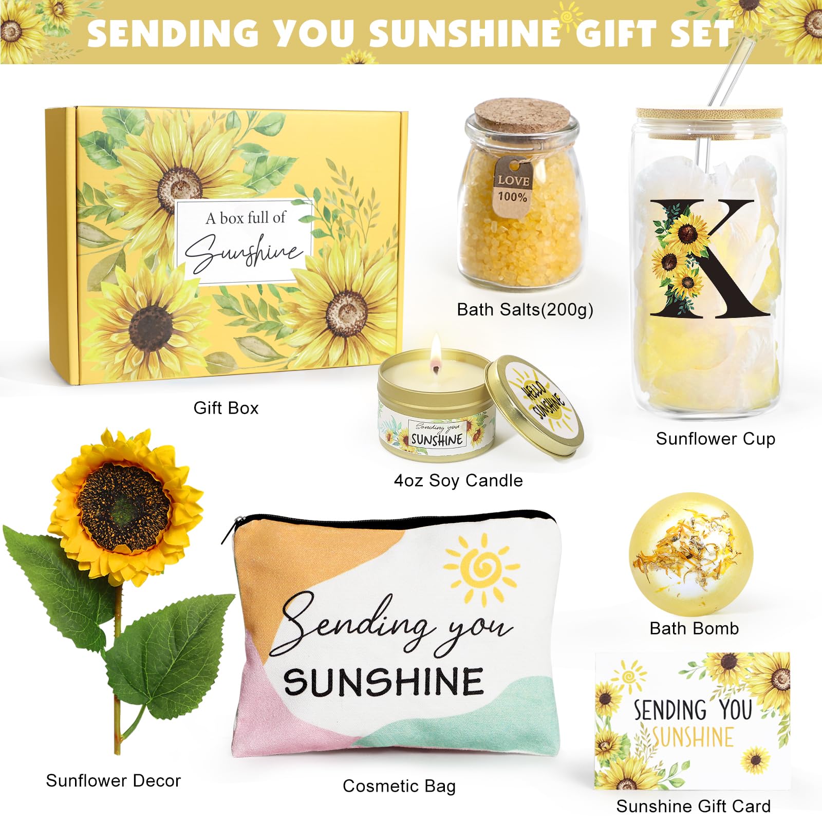 Personalized Sunflower Initial Gifts for Women - Monogrammed Get Well Soon & Birthday Gifts - Self Care Spa Gift Baskets with Sunshine Theme - Perfect for Recovery, Relaxation & Special Occasions