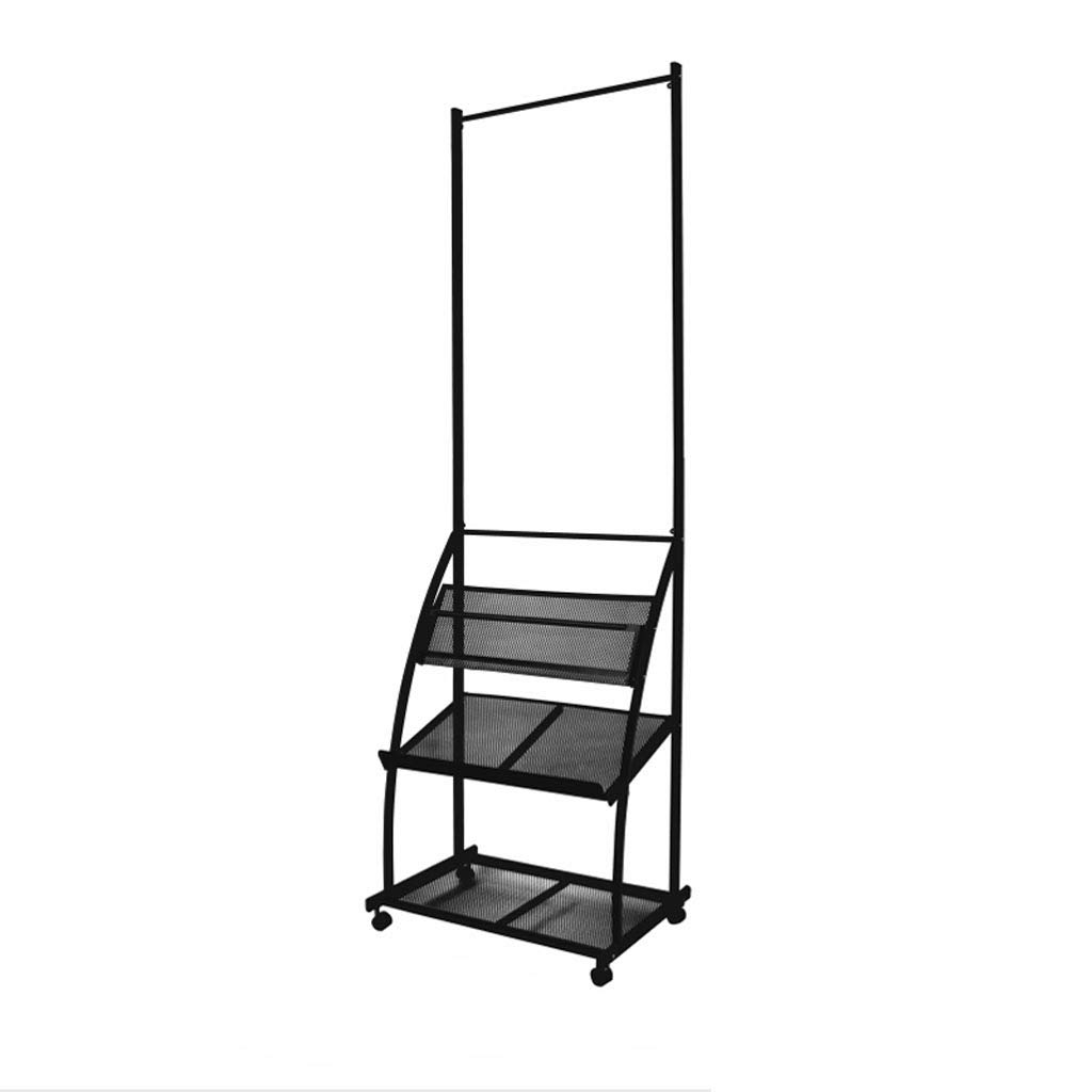 Wrought Iron Upright Newspaper Stand with Brake Casters - Heavy Duty Poster Display Booth & Data Mesh Shelf - Ideal for Advertising Brochures, Scrolling Bag Storage in Retail Stores, Libraries & Offices