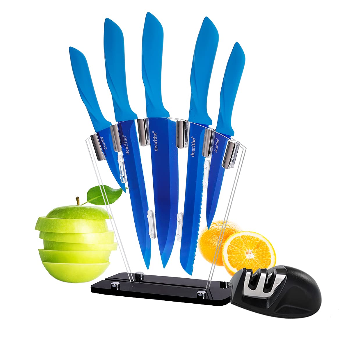 7-Piece High Carbon Stainless Steel Kitchen Knife Set with Knife Block & Sharpener - Professional Chef Knives with Acrylic Block, Titanium Blue Plating for Rust Protection - Perfect for Home Cooking, Restaurant Use & Gift Giving