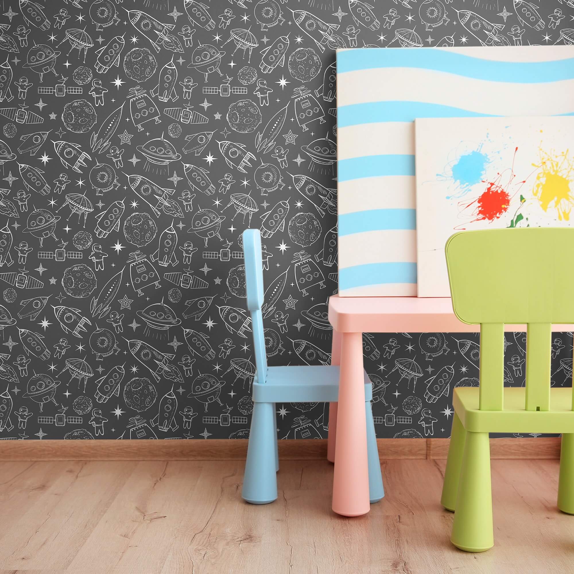 Gray Space Themed Peel and Stick Removable Wallpaper for Kids - Easy DIY Nursery, Bedroom & Playroom Decor - Self-Adhesive Wall Mural for Boys and Girls (Design 8684) - Perfect for Space-Themed Birthday Parties and Kids Room Makeovers