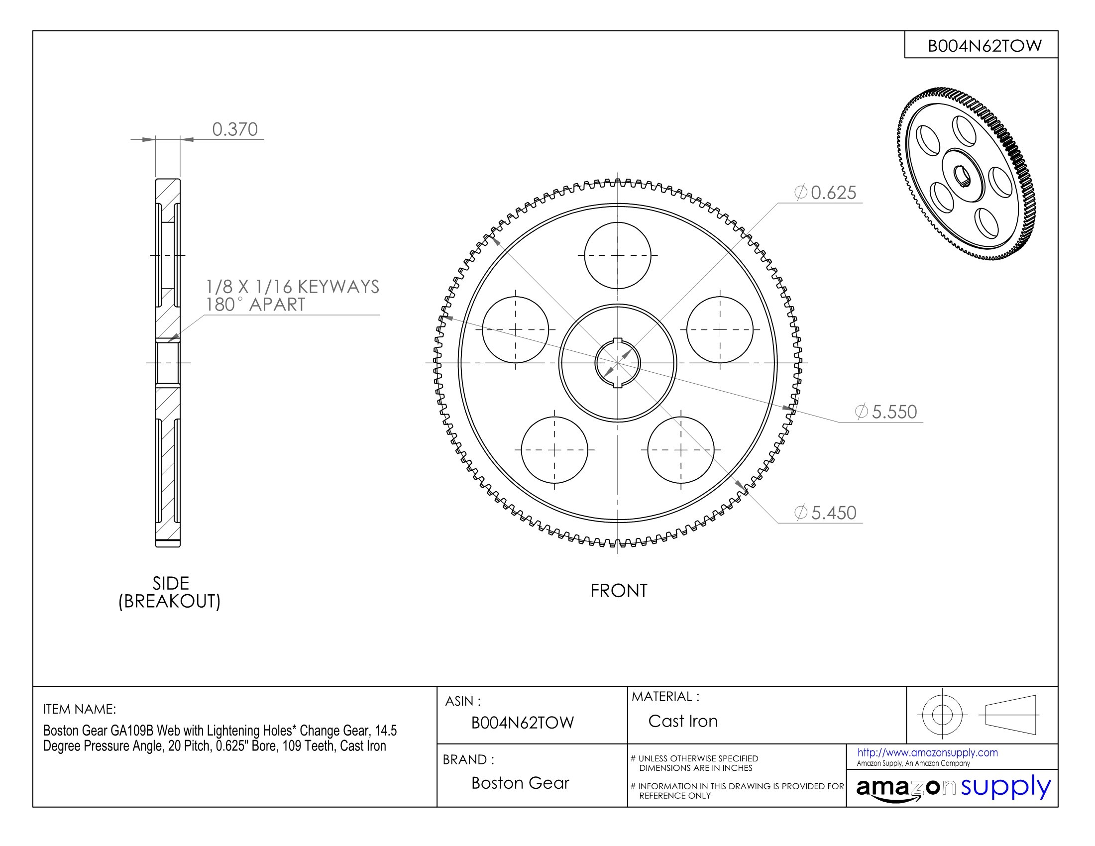 GA109B Lightening Hole Web Change Gear - 14.5° Pressure Angle, 20 Pitch, 0.625