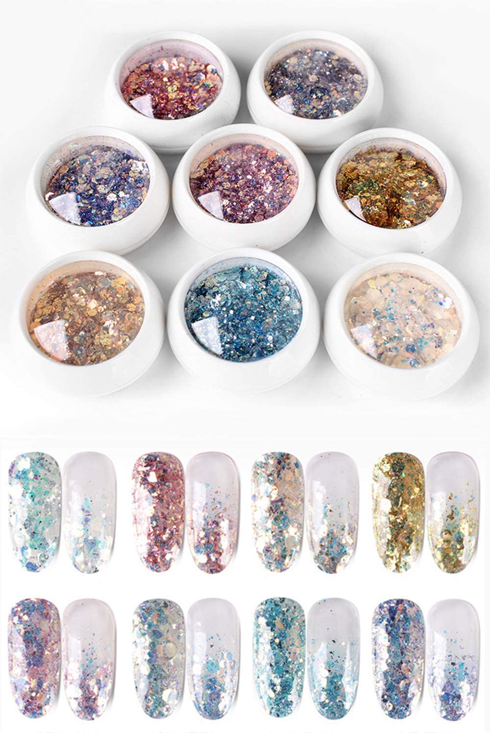 8 Colors Iridescent Nail Glitter Flakes Set - 70g Chunky Sequin Mixed Flakes for Nail Art, DIY Manicure & Pedicure - Shimmering Rainbow Glitter for Acrylic Nails, Gel Polish & Salon Designs