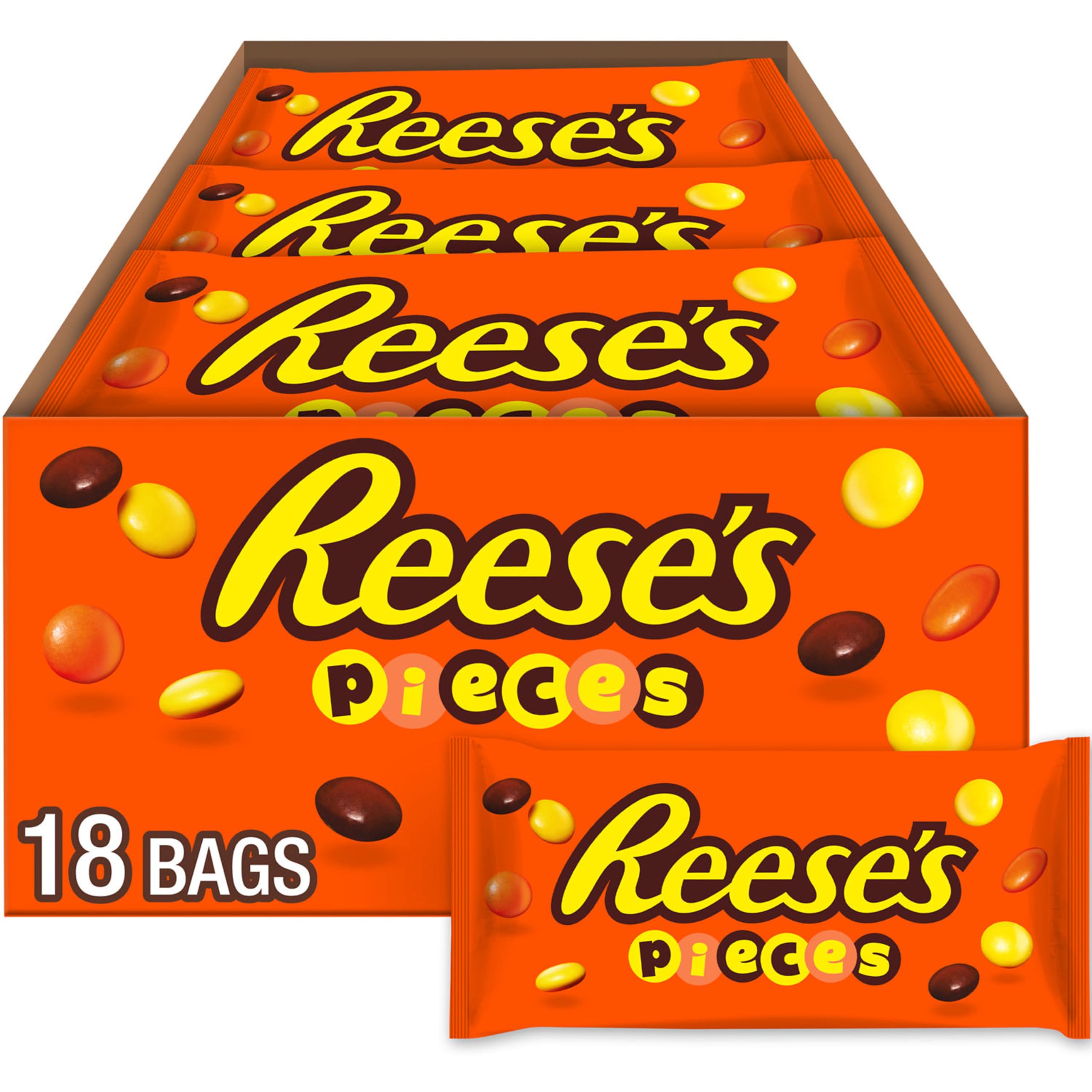 REESE'S PIECES Peanut Butter Candy Bags - 1.53 oz (18 Count Pack) | Bulk Halloween Candy, Party Favors & Movie Night Snacks
