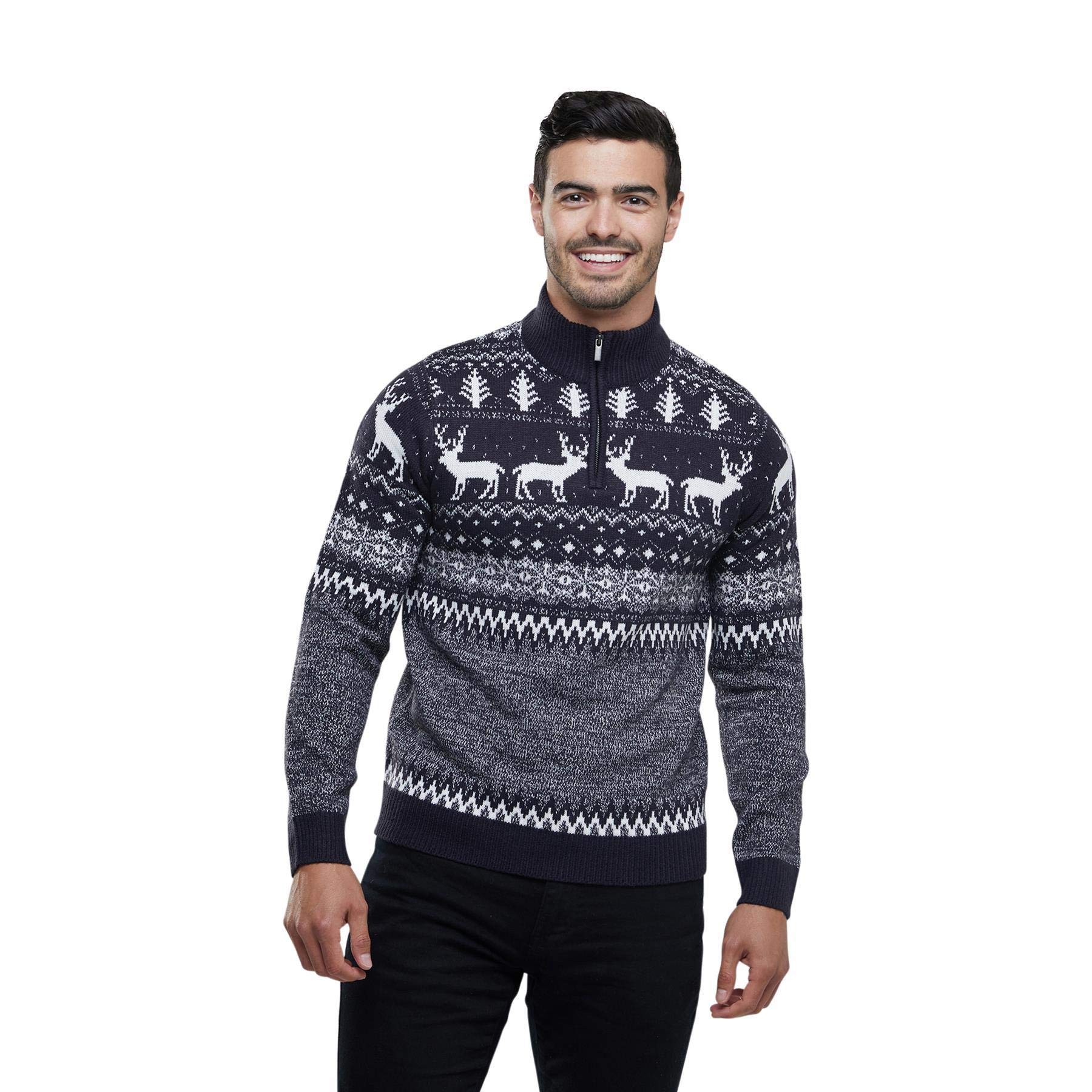Men's Reindeer Twist Zip Funnel Neck Christmas Sweater - Festive Holiday Pullover for Xmas Parties & Family Gatherings