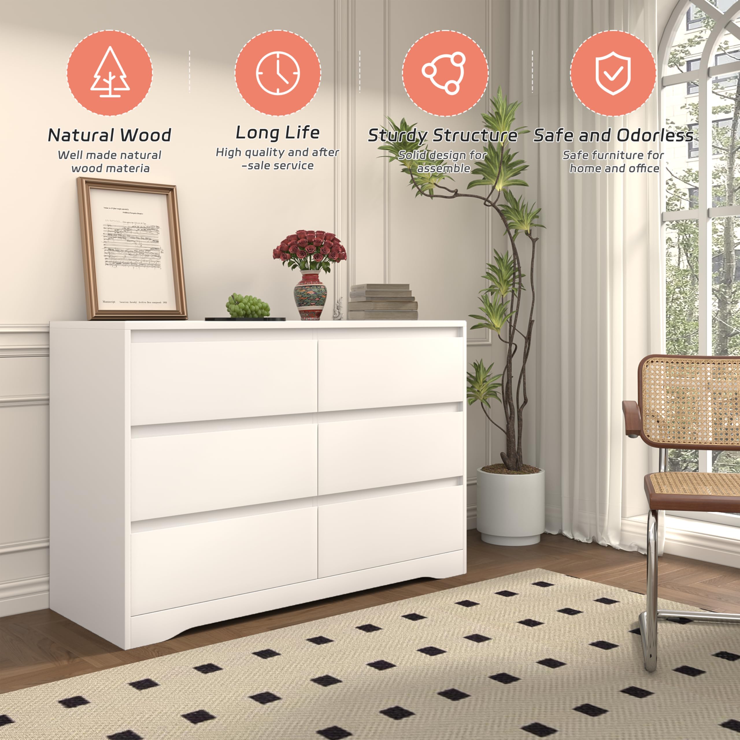 Modern 6-Drawer Dresser for Bedroom & Living Room - White Wooden Storage Chest with Deep Drawers - Perfect for Bedroom Organization, Entryway Storage & Hallway Decor