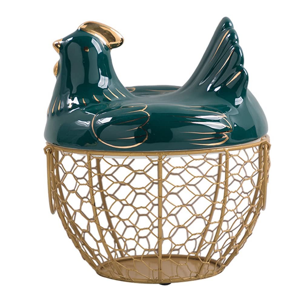 Stainless Steel Wire Egg Basket with Ceramic Chicken Lid - Farmhouse Egg Storage Organizer for Kitchen Counter, Pantry & Countryside Breakfast Display