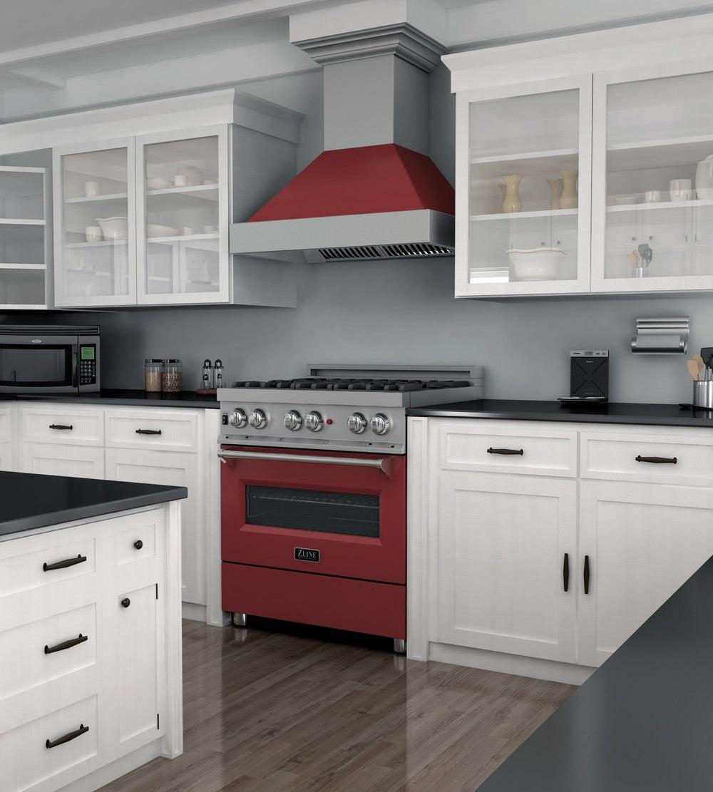 ZLINE 30 Inch 4.0 cu ft Dual Fuel Range with 4 Burner Gas Cooktop & Electric Convection Oven - Satin Stainless Steel with Red Matte Door (RAS RM 30) | Professional Kitchen Appliance for Home Chefs & Cooking Enthusiasts | Perfect for Baking, Roasting & Family Meals
