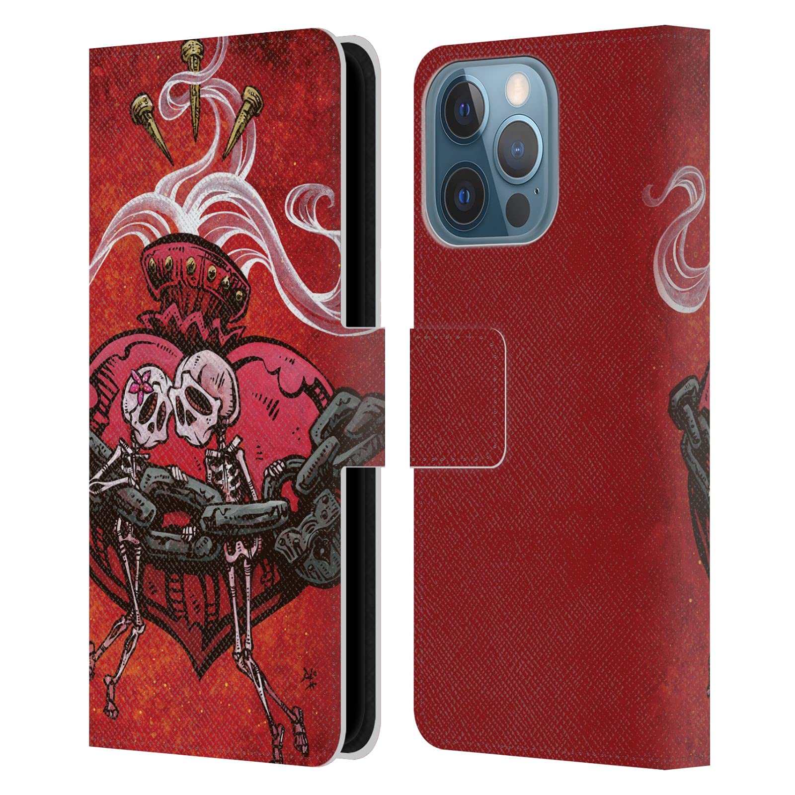 David Lozeau Skull with Heart Colorful Grunge Leather Book Wallet Case for iPhone 13 Pro - Officially Licensed Protective Cover with Card Slots for Daily Use & Travel