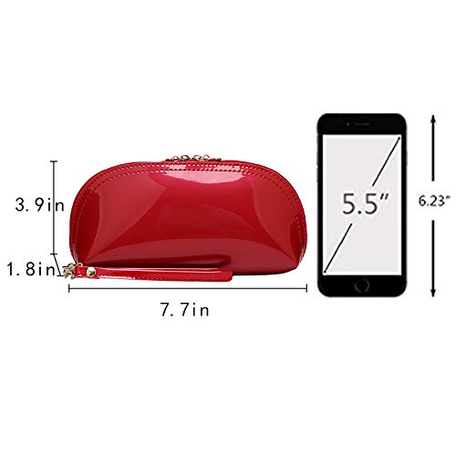 ZLMBAGUS Fashion Cosmetic Bag - Patent Leather Makeup Pouch with Wristlet & Zipper - Travel Organizer for Makeup, Jewelry & Coins - Stylish Red Clutch for Women's Daily Use & Special Occasions