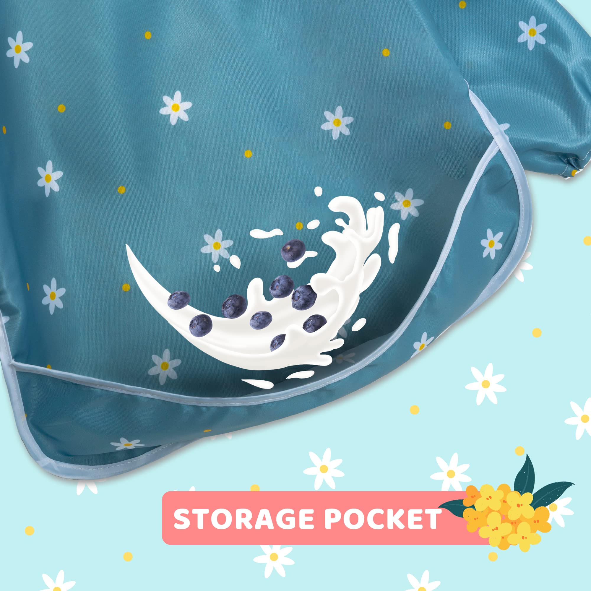Waterproof Long Sleeve Baby Bib with Food Catcher - Toddler Weaning Coverall Set for 6-36 Months | Flower Pattern | Easy to Wipe Clean | Perfect for Messy Meals & Self-Feeding Practice