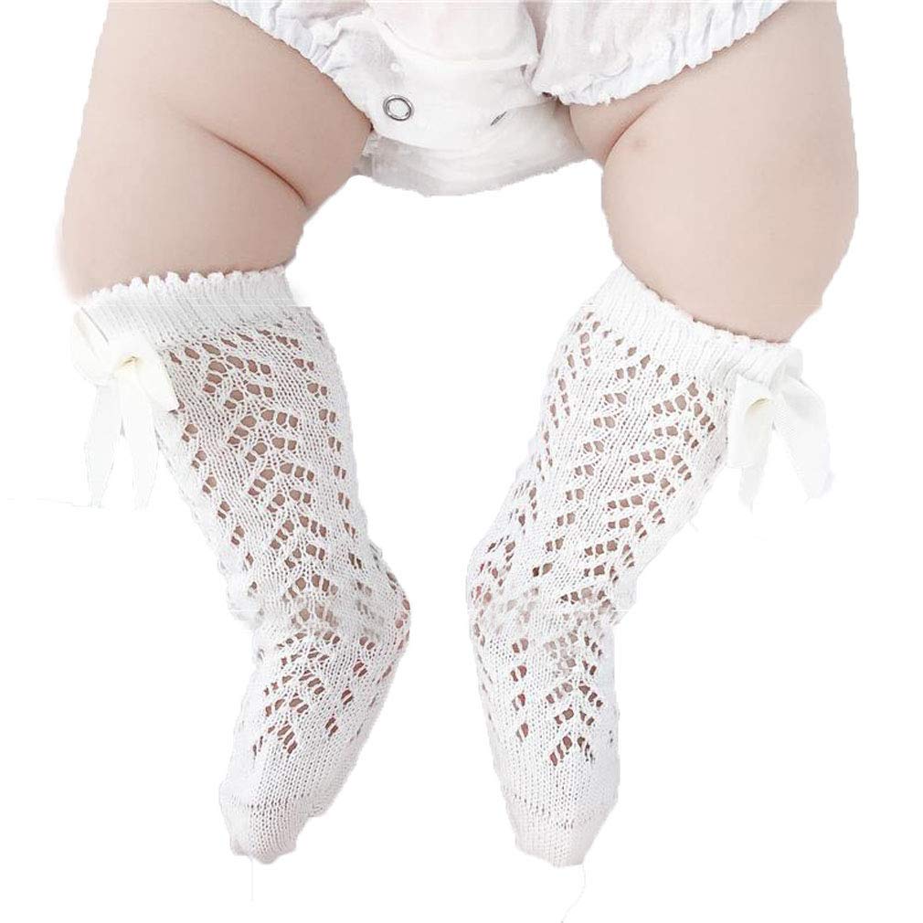Baby Girls Knee High Socks - Lace Bows & Hollow Out Design, Non-Slip Knit Stockings for Toddlers & Kids - Perfect for School, Dress Up & Winter Outfits