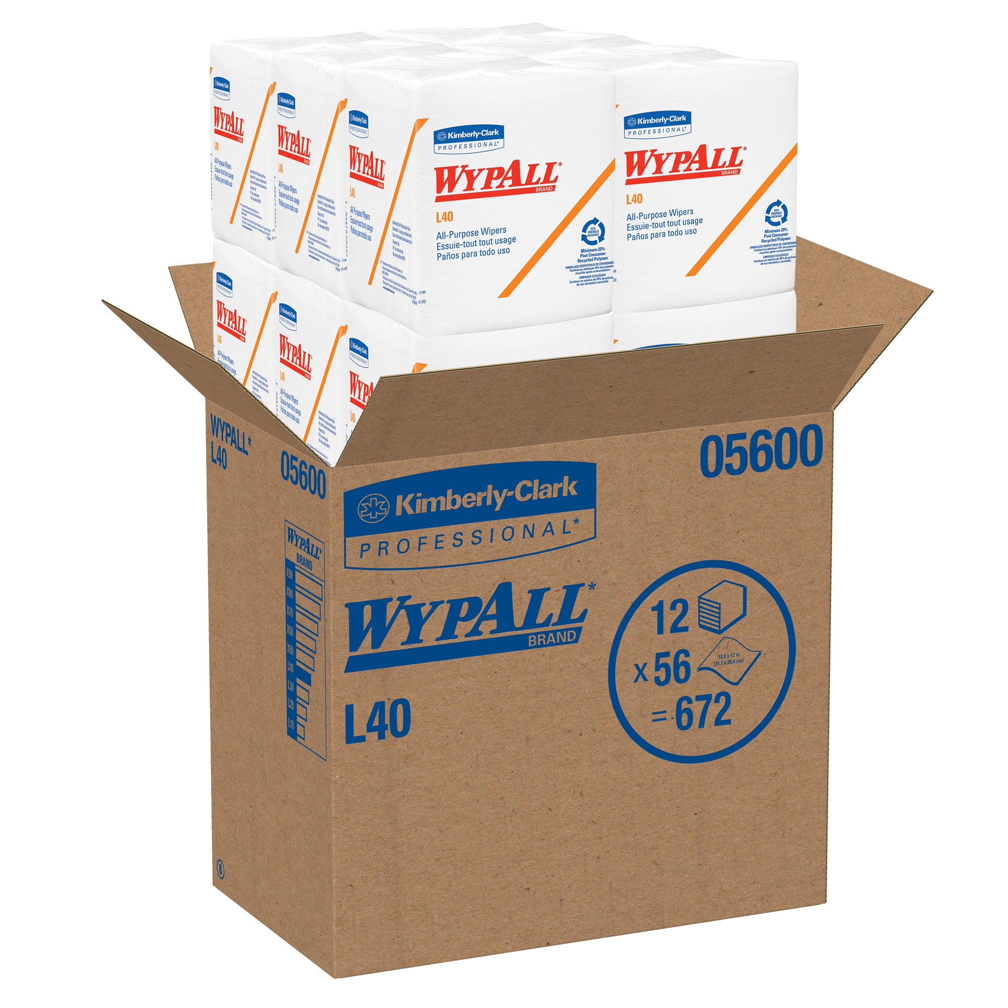 Kimberly-Clark WypAll L40 Disposable Cleaning Towels - White, 12 Packs (56 Sheets Each) - 672 Total Sheets - Industrial & Household Cleaning Wipes for Workshops, Kitchens & Garages