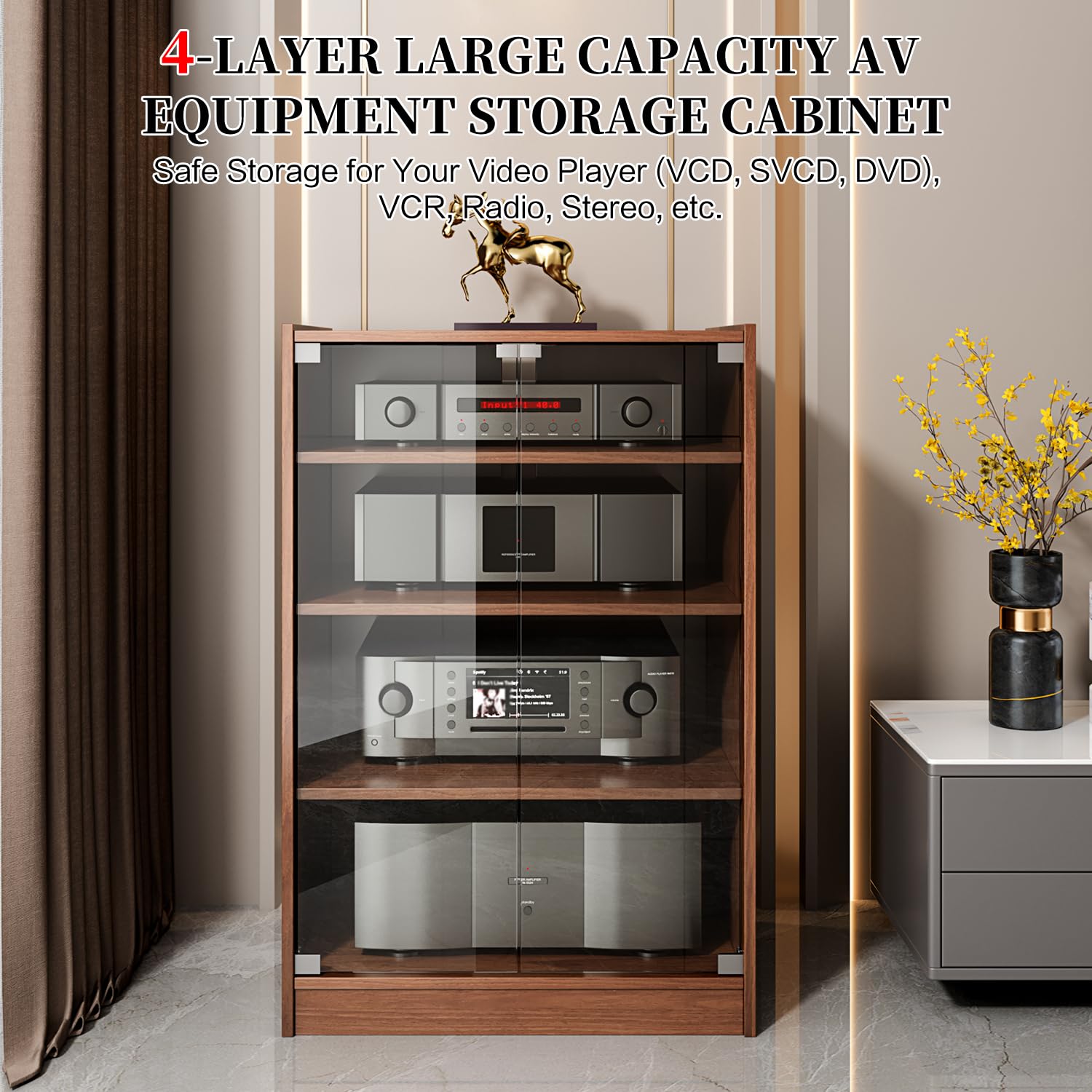 4-Tier Modern TV Stand with Glass Doors - Adjustable Height AV Media Cabinet for Entertainment Center, Stereo Components & Gaming Console Storage - Perfect for Living Room, Bedroom & Home Theater (Brown)
