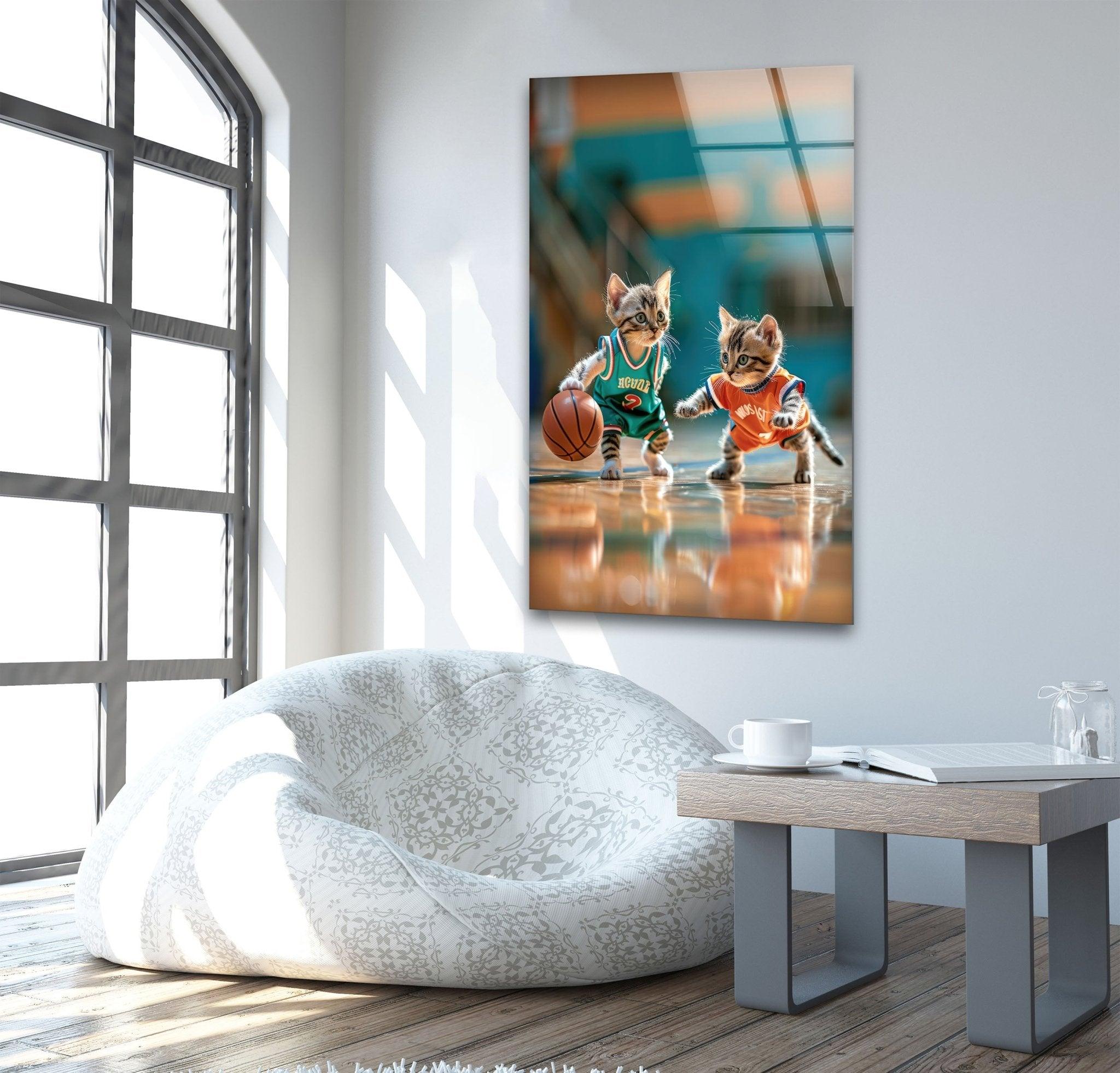 Basketball Player Cats Glass Wall Art - Unique Sports Decor for Cat Lovers - Perfect for Living Room, Bedroom, or Game Room Decorations