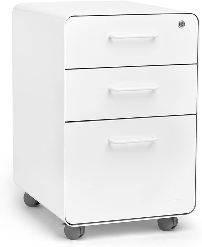 Poppin Stow 3-Drawer Rolling File Cabinet - White | 2 Utility Drawers & 1 Hanging File Drawer | Locking & Non-Locking Wheels | Powder-Coated Steel | Office Organization & Document Storage Solution