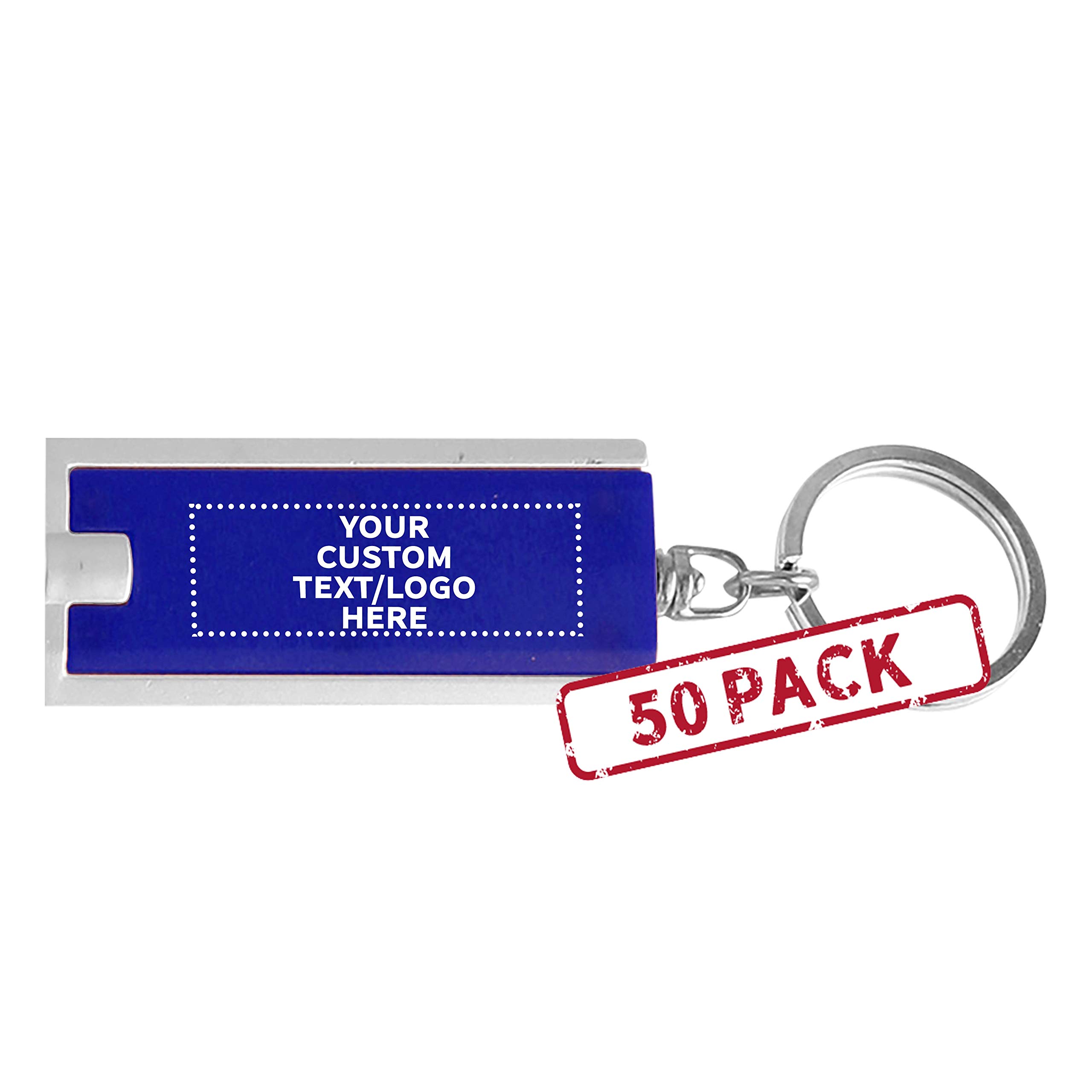 50 Pack Customizable LED Flashlight Keychains - Personalized Text & Logo - Durable Plastic Rectangle Design in Blue - Perfect for Promotions, Events, Gifts & Emergency Kits